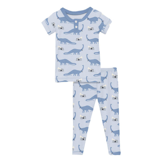 Print Short Sleeve Henley Pajama Set in Dew Pet Dino