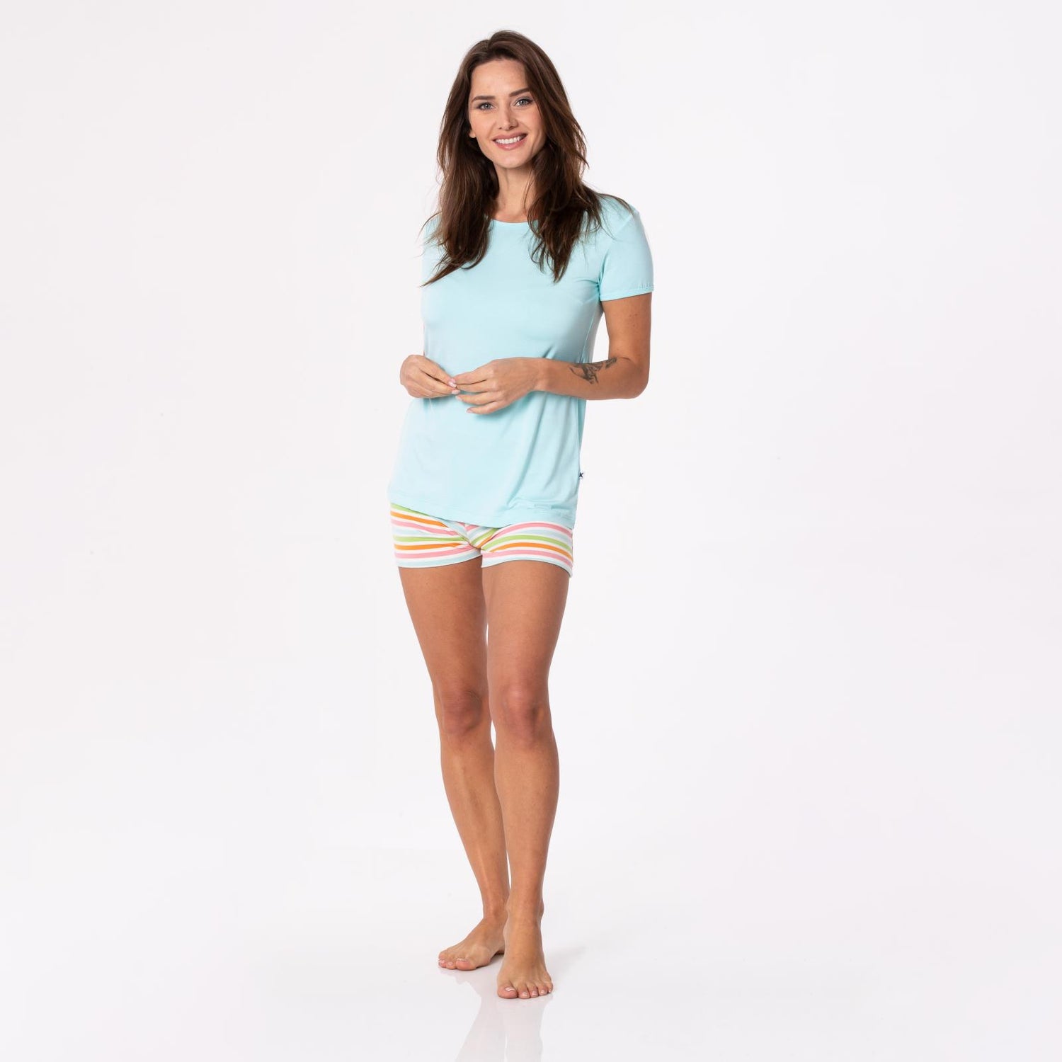 Women's Print Short Sleeve Fitted Pajama Set with Shorts in Beach Day Stripe