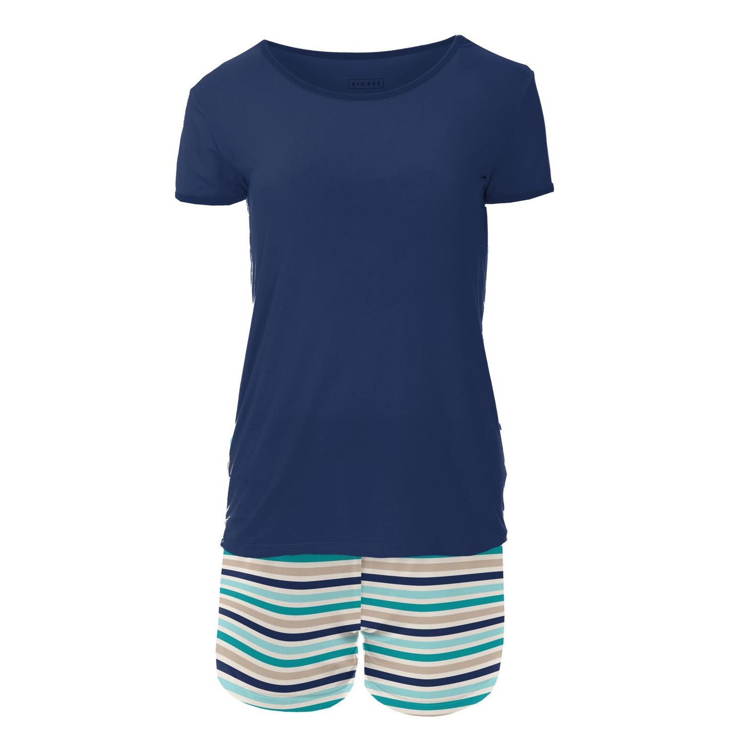 Women's Print Short Sleeve Fitted Pajama Set with Shorts in Sand and Sea Stripe