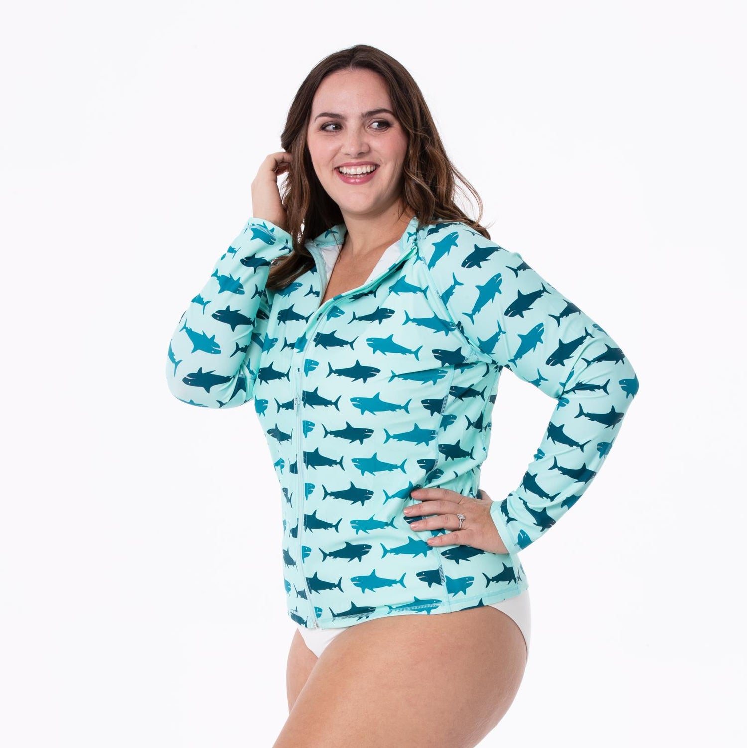 Women's Print Long Sleeve Swim and Sun Cover Up in Summer Sky Megalodon