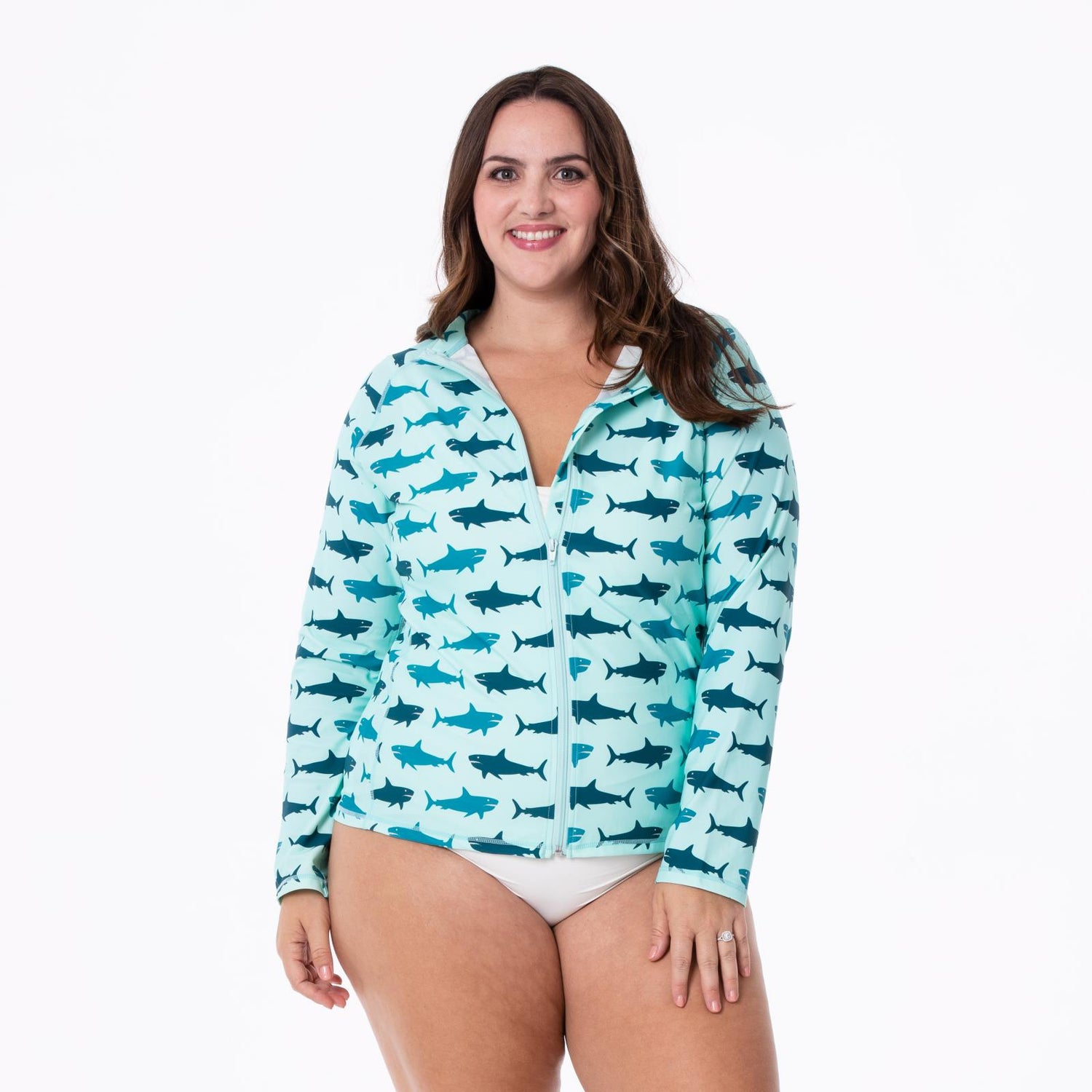 Women's Print Long Sleeve Swim and Sun Cover Up in Summer Sky Megalodon
