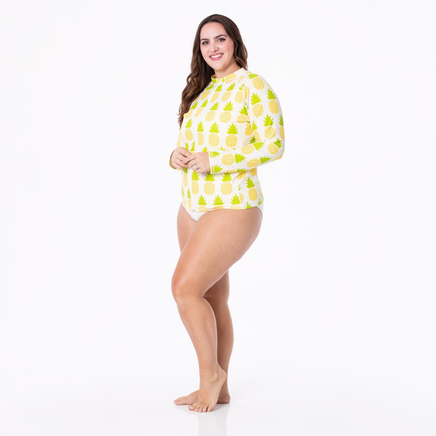 Women's Print Long Sleeve Swim and Sun Cover Up in Natural Pineapple