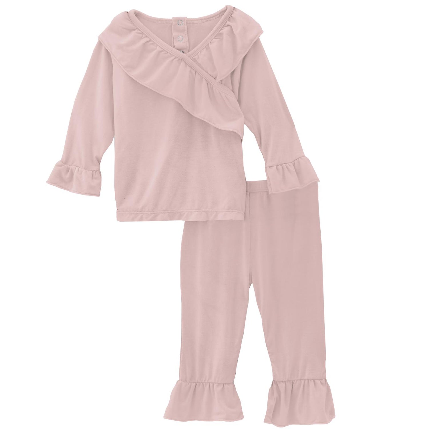 Long Sleeve Kimono Double Ruffle Outfit Set in Baby Rose