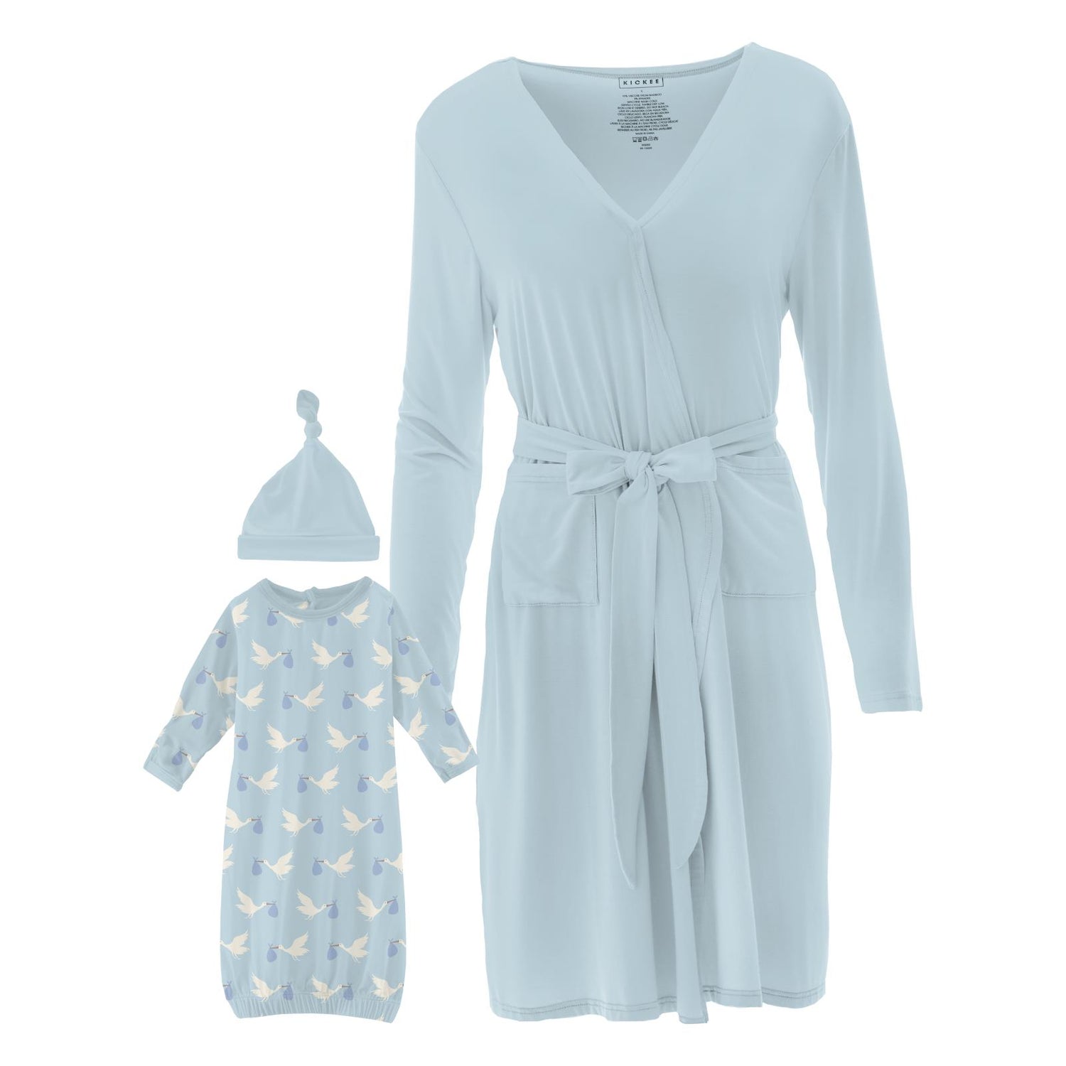 Women's Print Mid Length Lounge Robe & Layette Gown Set in Spring Sky Stork