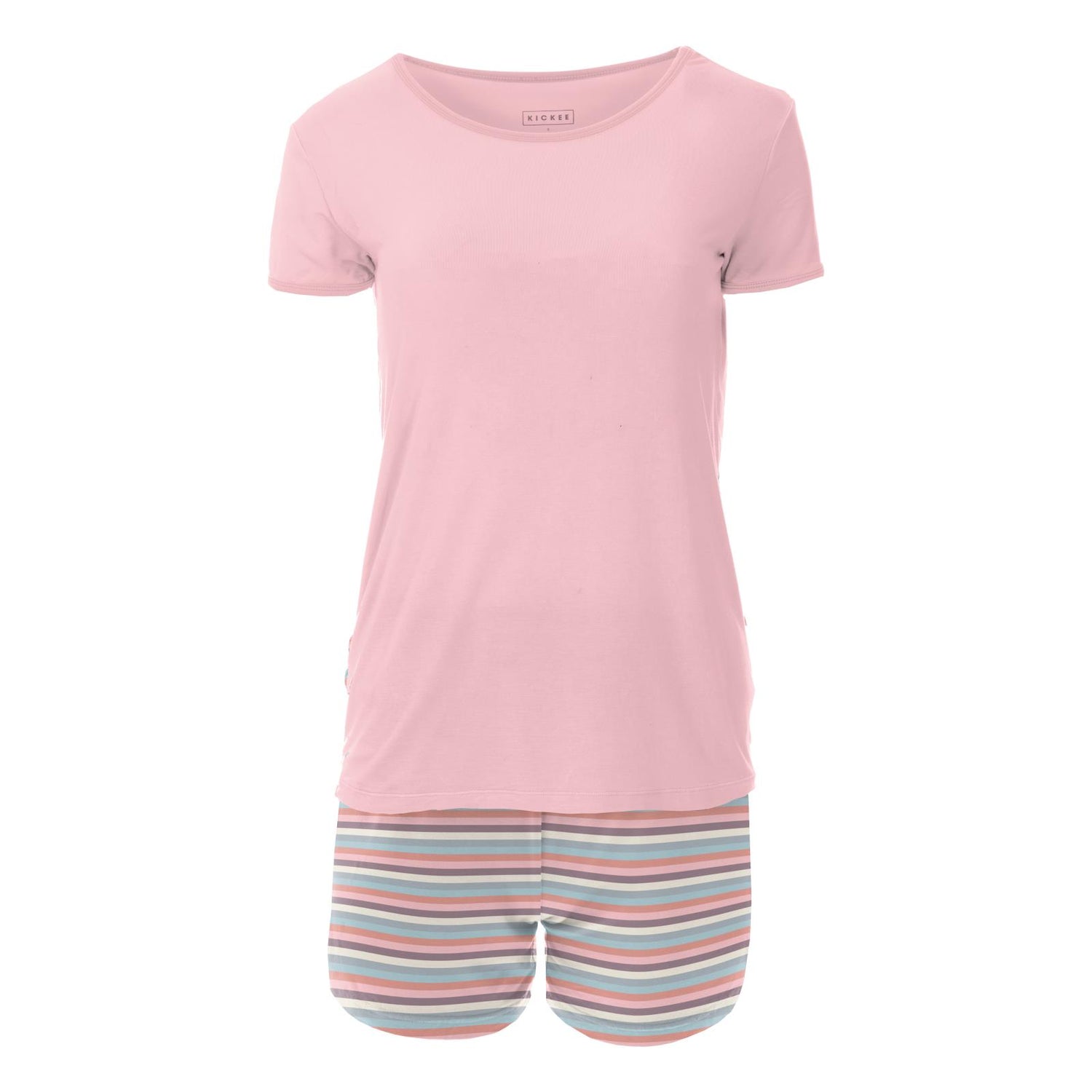 Women's Print Short Sleeve Fitted Pajama Set with Shorts in Spring Bloom Stripe
