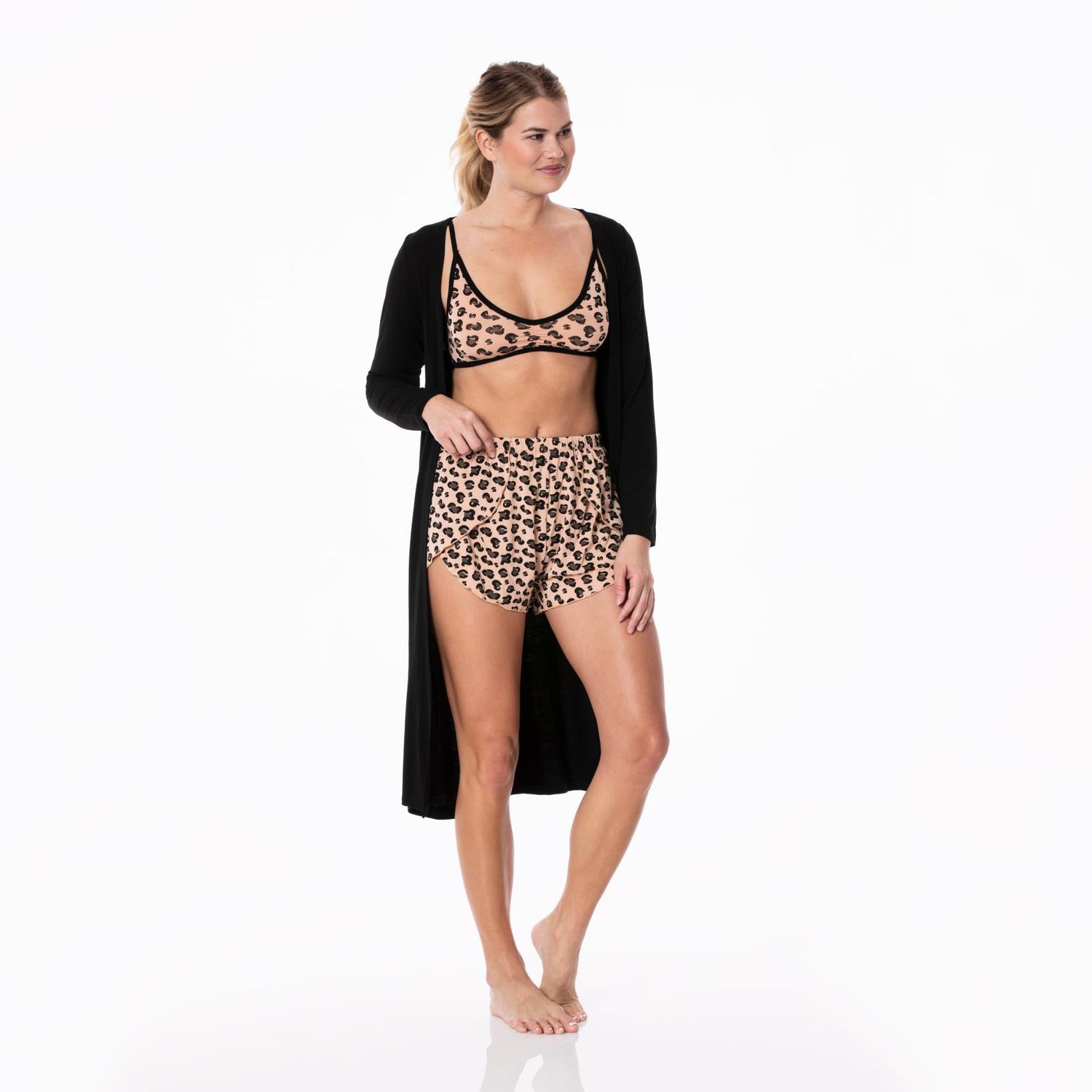 Women's Print Sleeping Bra, Tulip Shorts and Duster Robe Set in Suede Cheetah Print