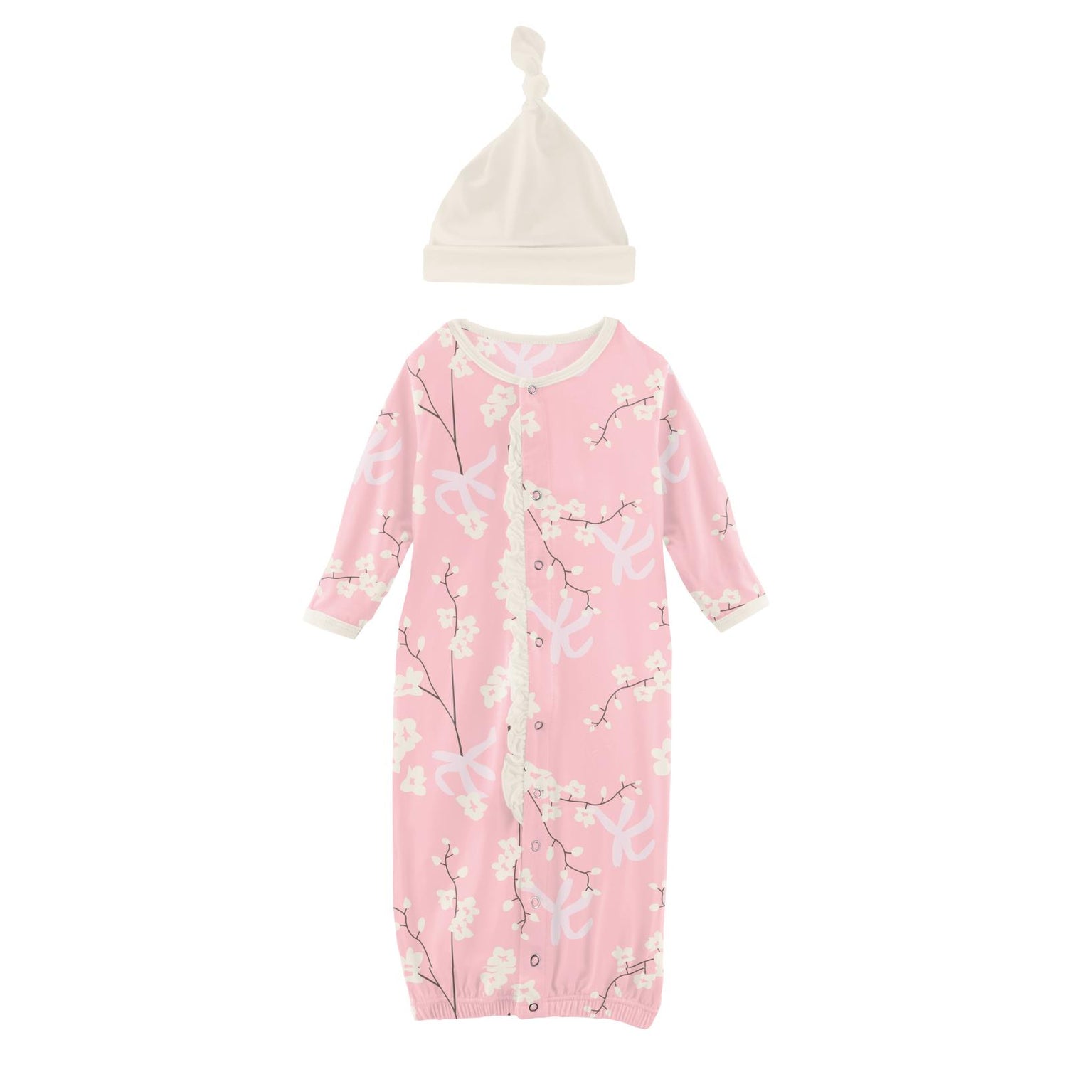 Print Ruffle Layette Gown Converter & Single Knot Hat Set in Lotus Orchid Print