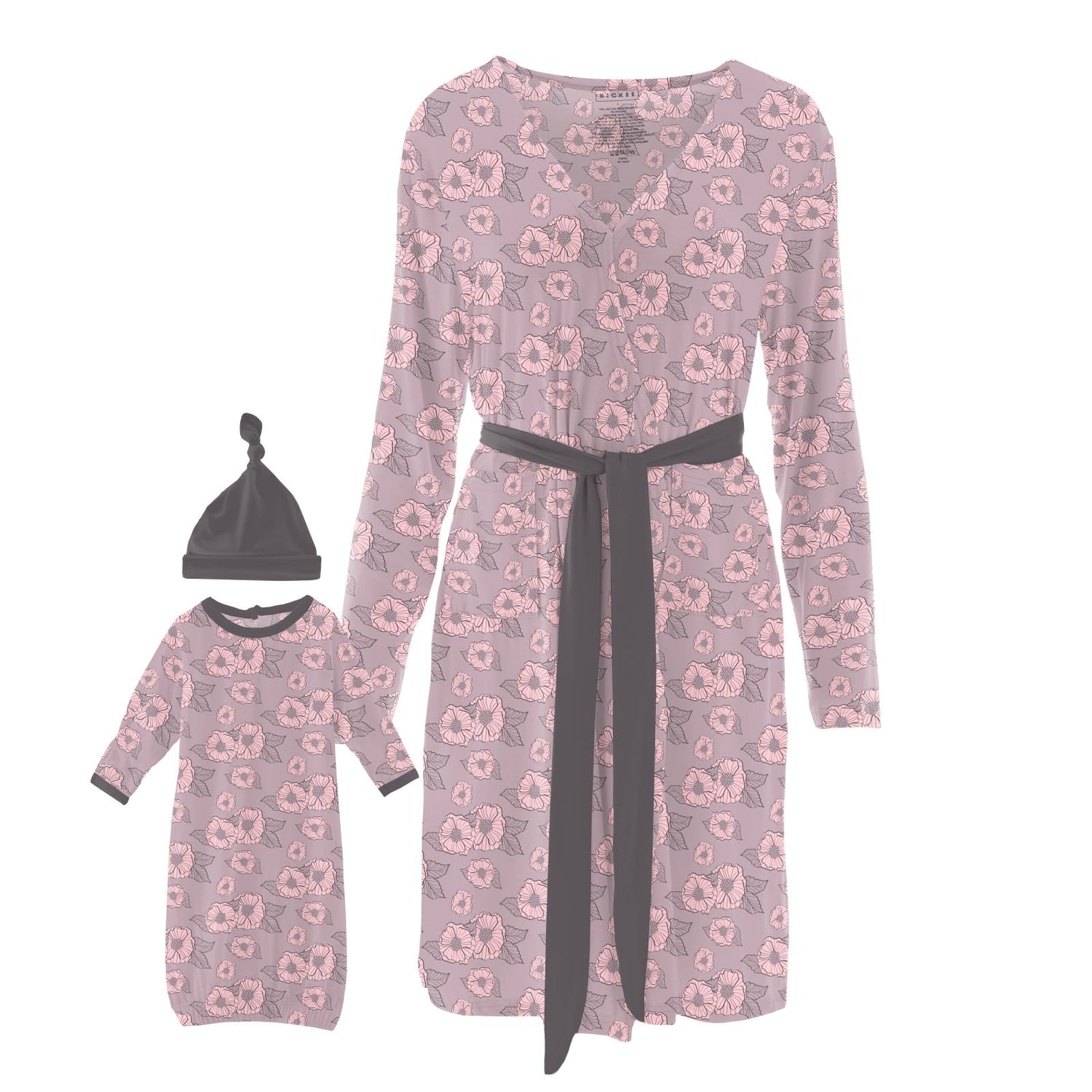 Women's Print Maternity/Nursing Robe & Layette Gown Set in Sweet Pea Poppies