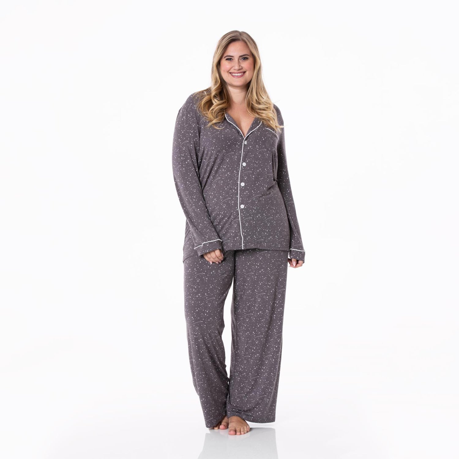 Women's Print Long Sleeve Collared Pajama Set in Rain Shooting Stars