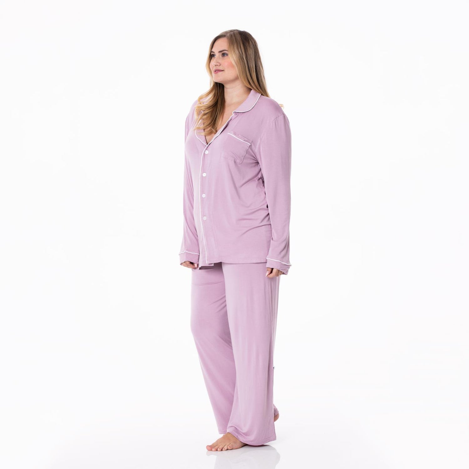 Women's Long Sleeved Collared Pajama Set in Sweet Pea with Natural