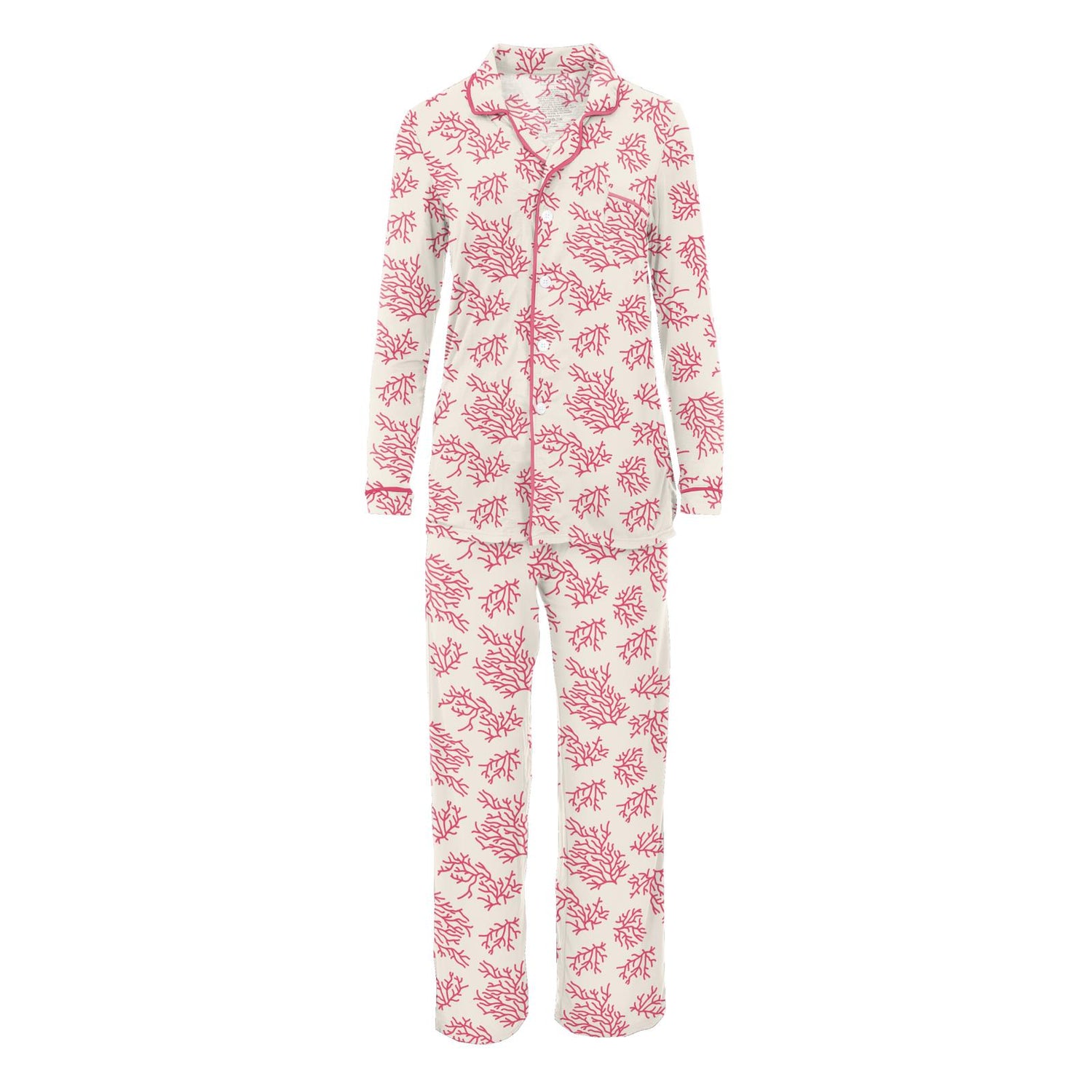 Women's Print Long Sleeve Collared Pajama Set in Natural Coral