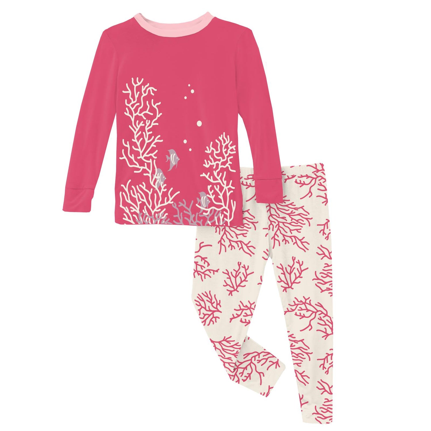 Long Sleeve Graphic Tee Pajama Set in Natural Coral