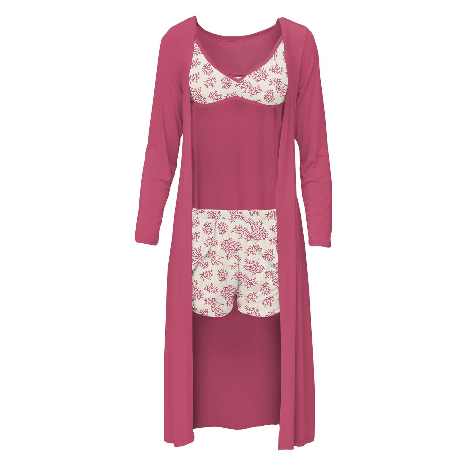 Women's Print Sleeping Bra, Tulip Shorts and Duster Robe Set in Natural Coral