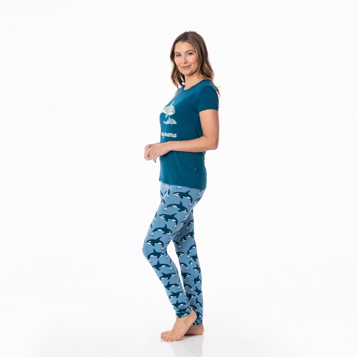 Women's Short Sleeve Graphic Tee Fitted Pajama Set in Parisian Blue Orca