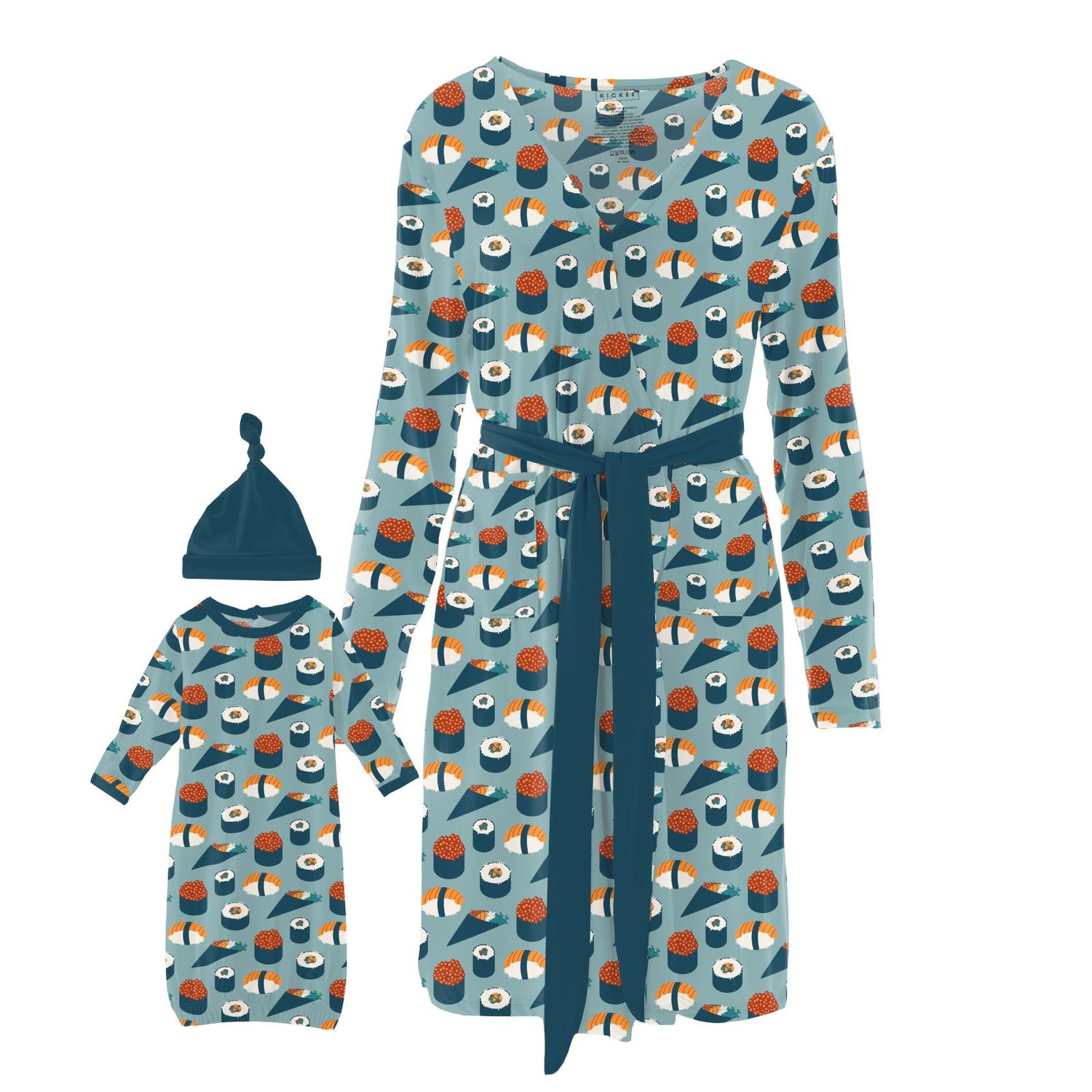 Women's Print Maternity/Nursing Robe & Layette Gown Set in Jade Sushi