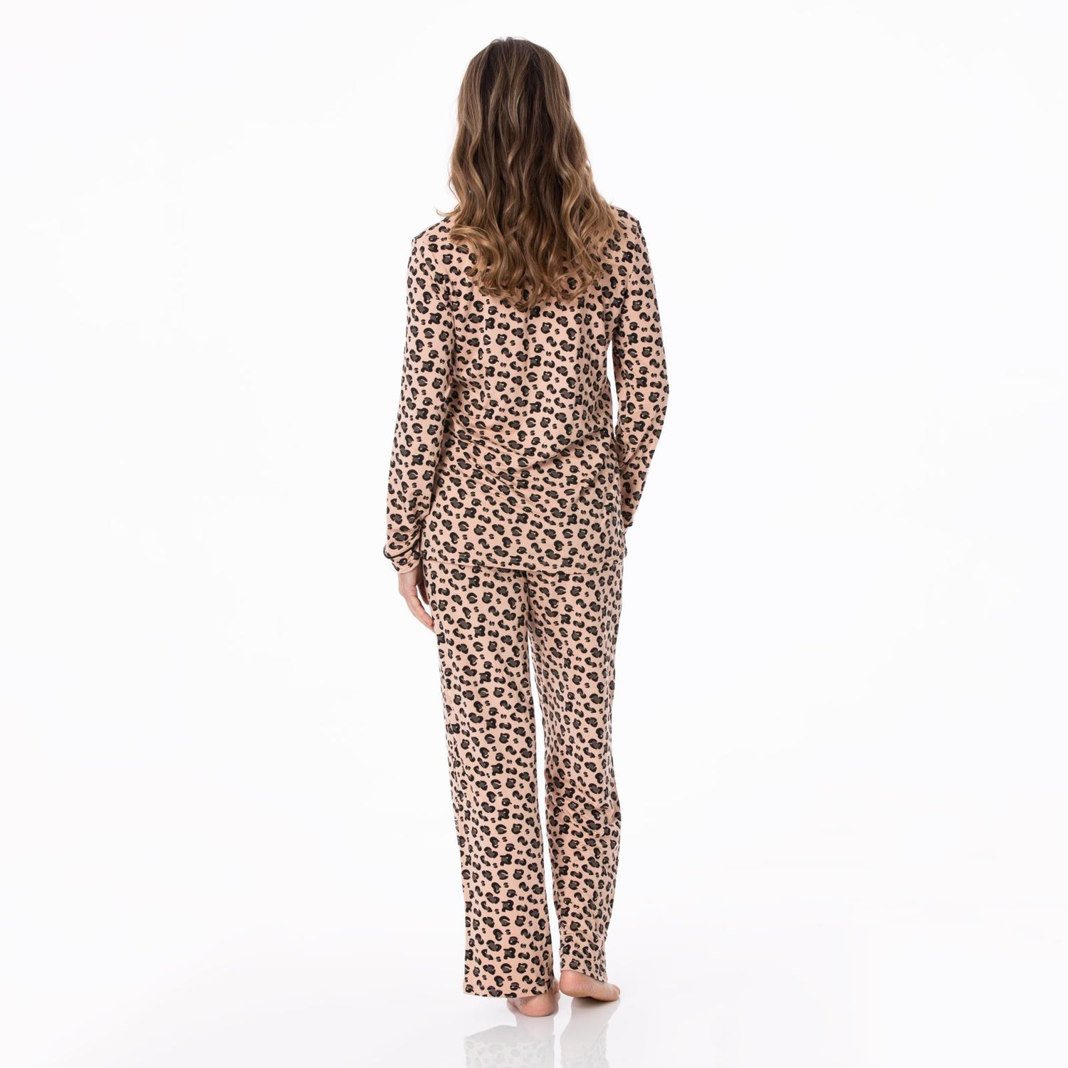 Women's Print Long Sleeve Collared Pajama Set in Suede Cheetah Print