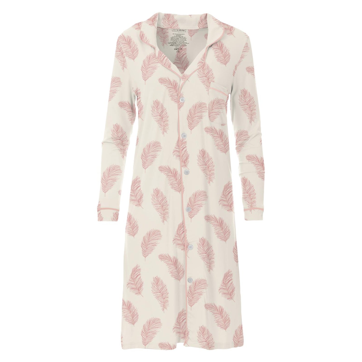 Women's Print Long Sleeve Button Down Nightshirt in Natural Feathers