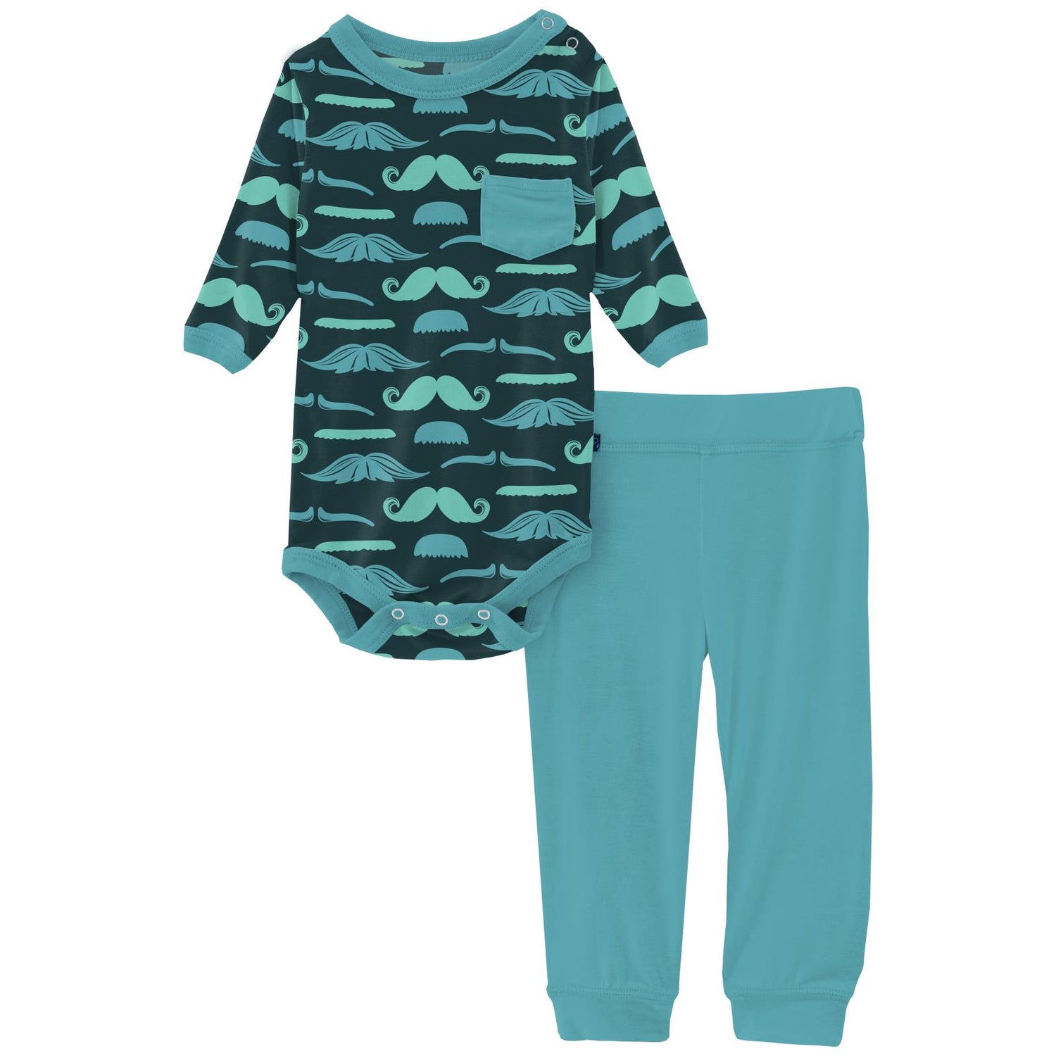 Print Long Sleeve Pocket One Piece and Pant Outfit Set in Pine Moustaches