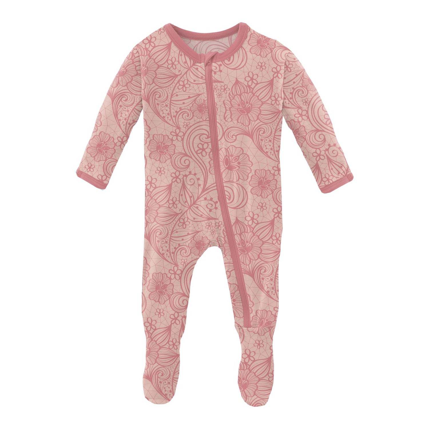 Print Footie with Zipper in Peach Blossom Lace