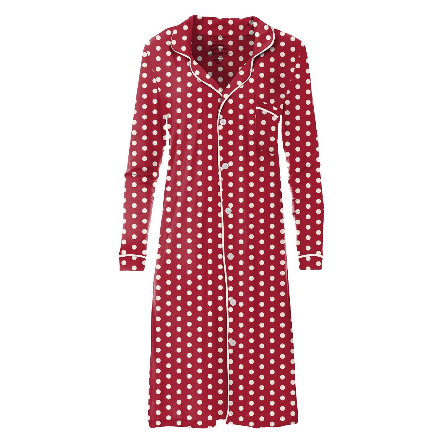 Women's Print Long Sleeve Button Down Nightshirt in Candy Apple Polka Dots