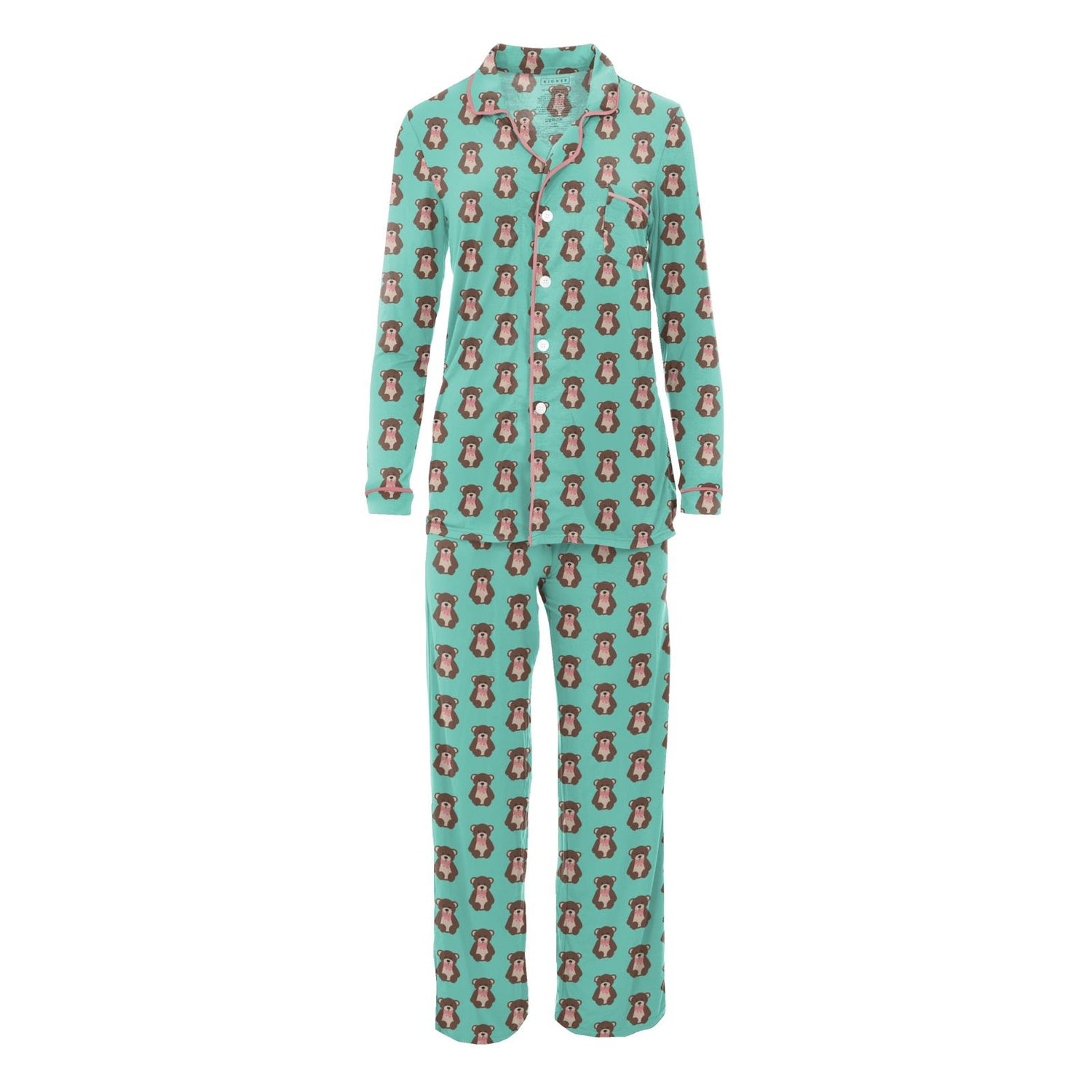 Women's Print Long Sleeve Collared Pajama Set in Glass Teddy Bear