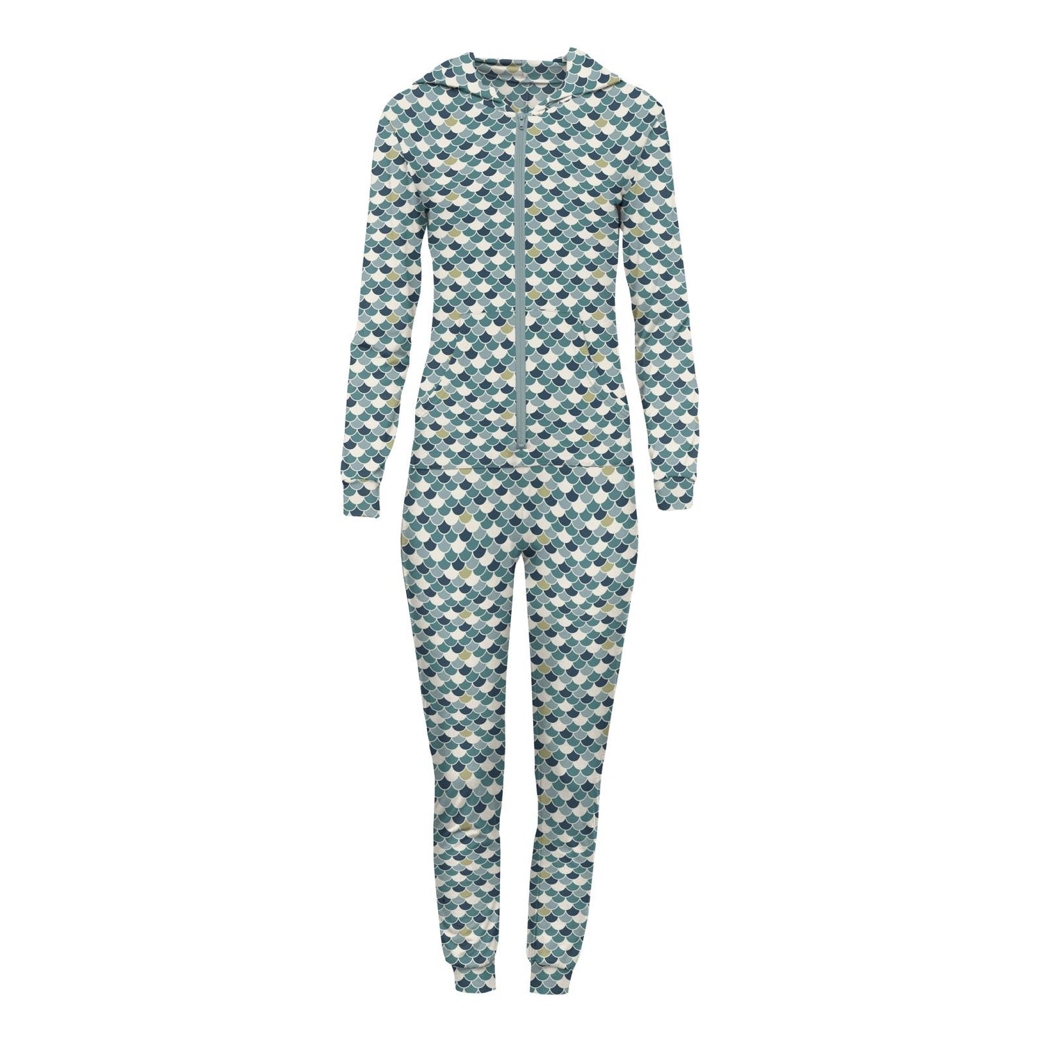 Women's Print Long Sleeve Jumpsuit with Hood in Lagoon Scales