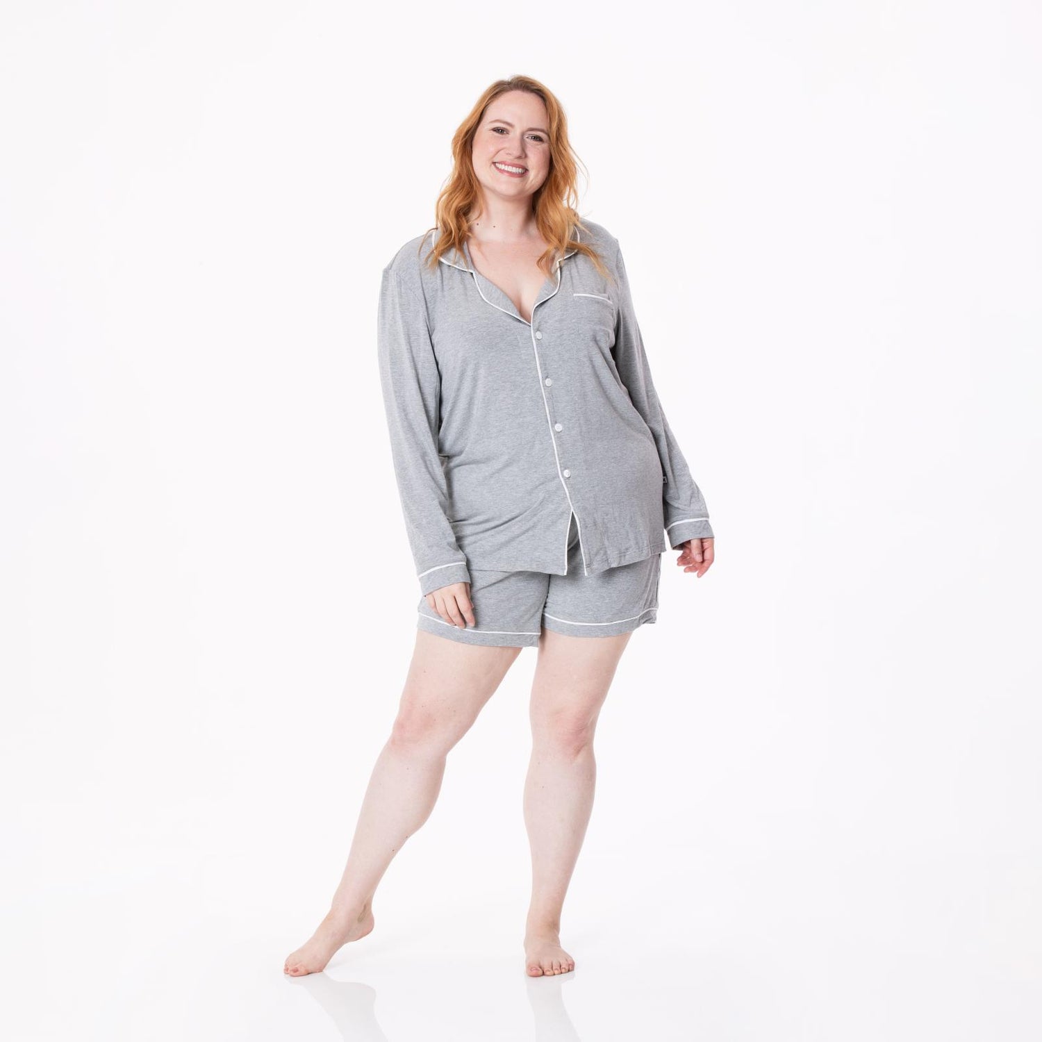 Women's Long Sleeve Collared Pajama Set with Shorts in Heathered Mist with Natural