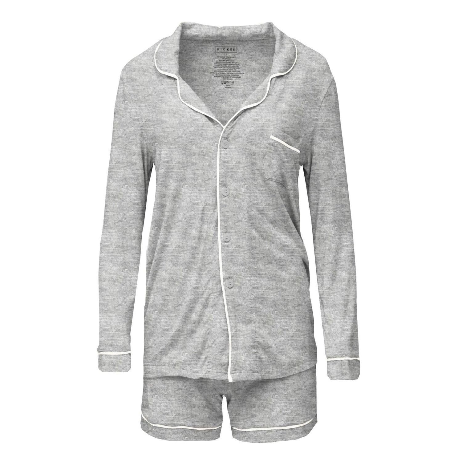 Women's Long Sleeve Collared Pajama Set with Shorts in Heathered Mist with Natural