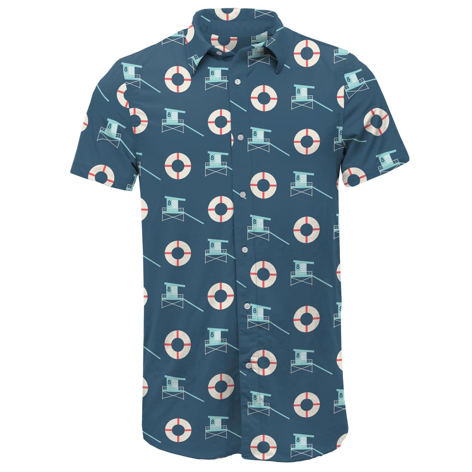 Men's Print Short Sleeve Woven Button Down Shirt in Deep Sea Lifeguard