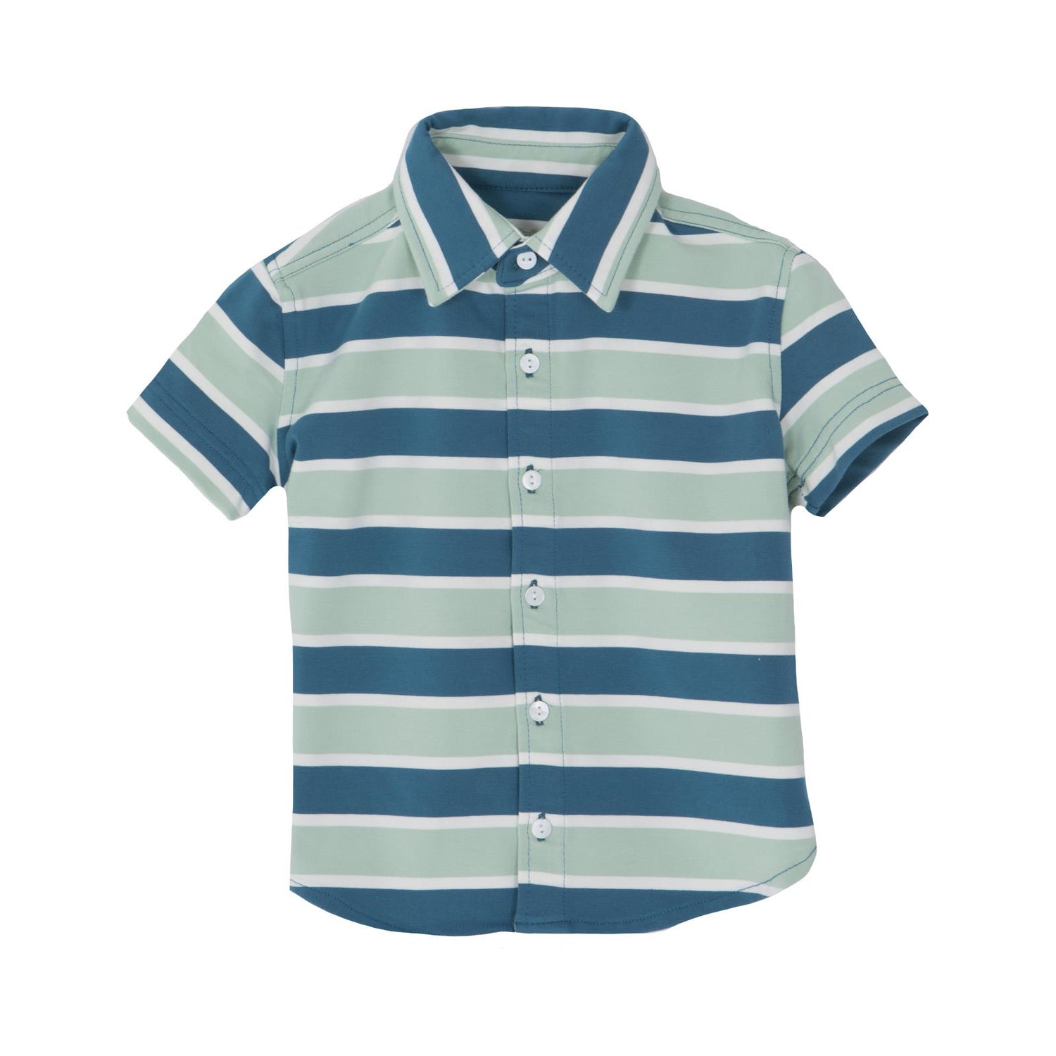 Print Short Sleeve Luxe Button-Down Shirt in Seaside Cafe Stripe