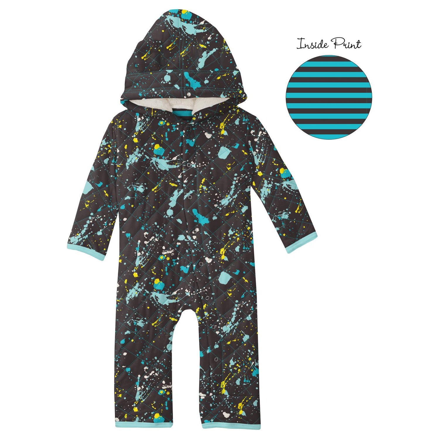 Print Quilted Hoodie Coverall with Sherpa-Lined Hood in Confetti Splatter Paint/Rad Stripe