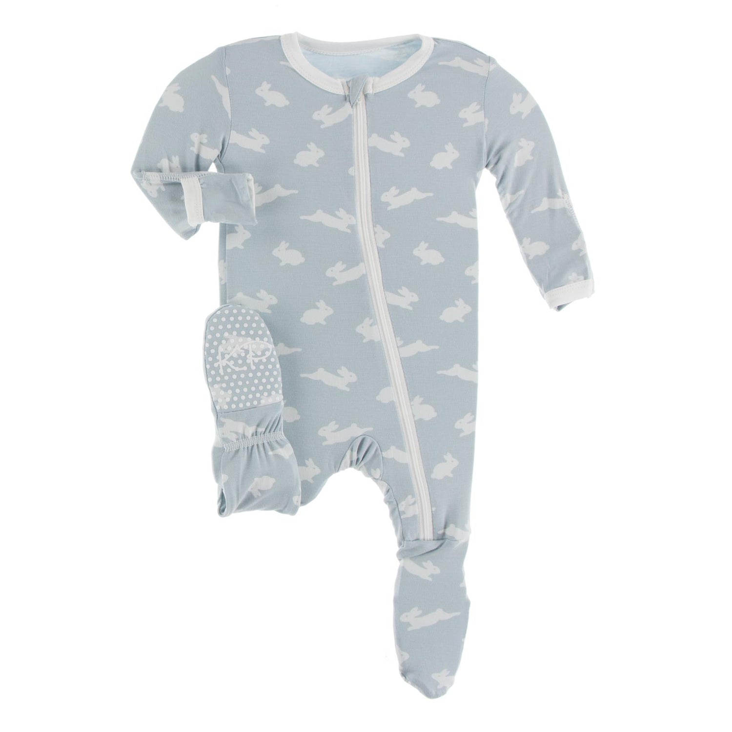 Print Footie with Zipper in Pearl Blue Bunny