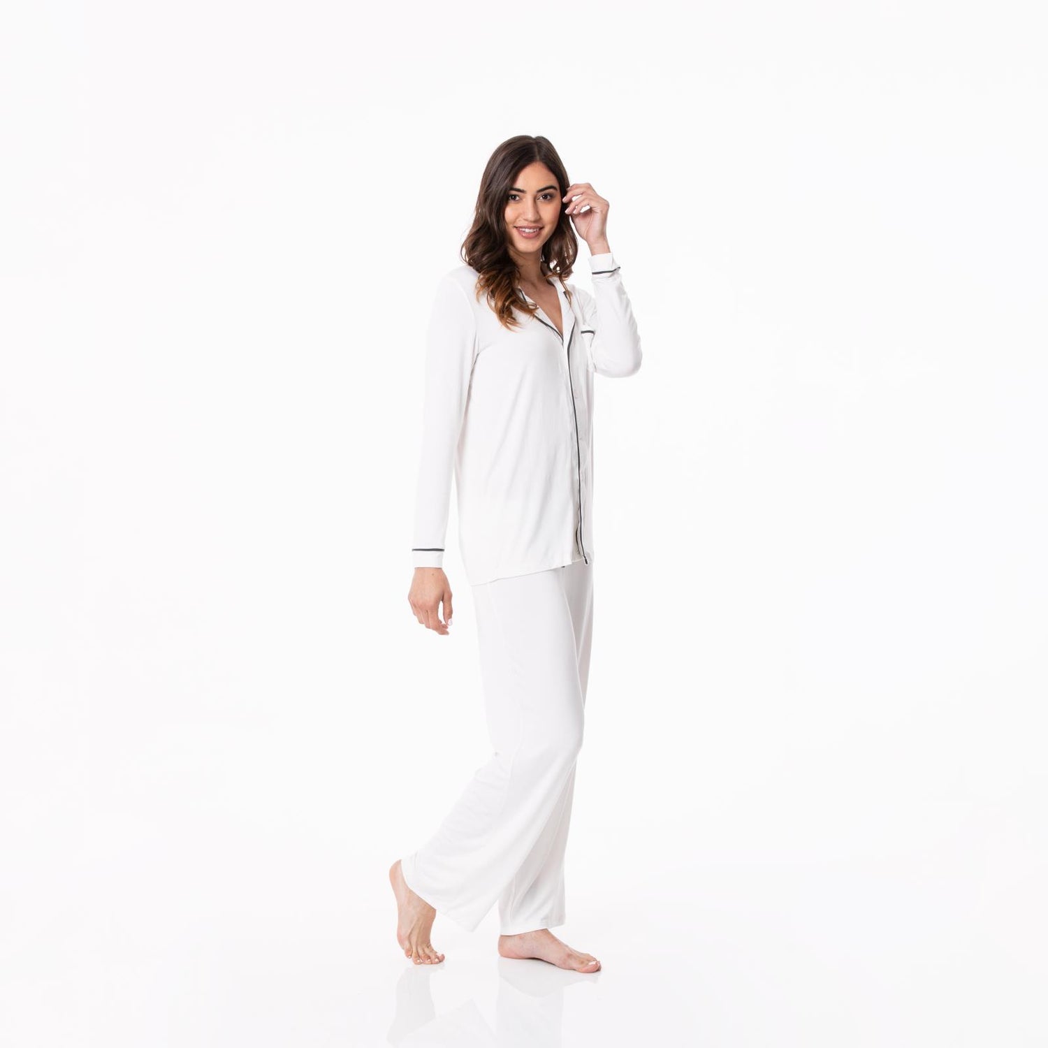 Women's Solid Long Sleeved Collared Pajama Set in Natural with Pewter