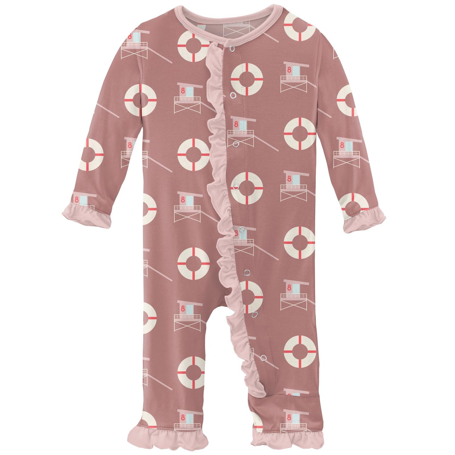 Print Classic Ruffle Coverall with Snaps in Antique Pink Lifeguard