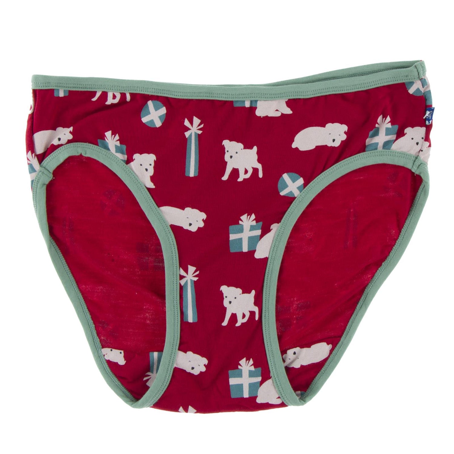 Print Underwear in Crimson Puppies and Presents with Shore Trim