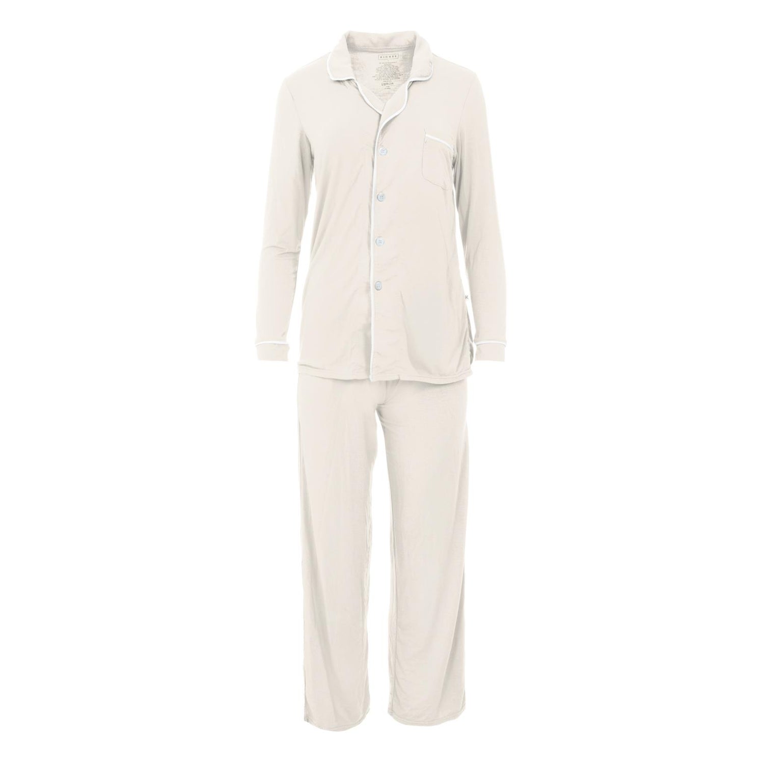 Women's Solid Woven Long Sleeve Collared Pajama Set in Natural