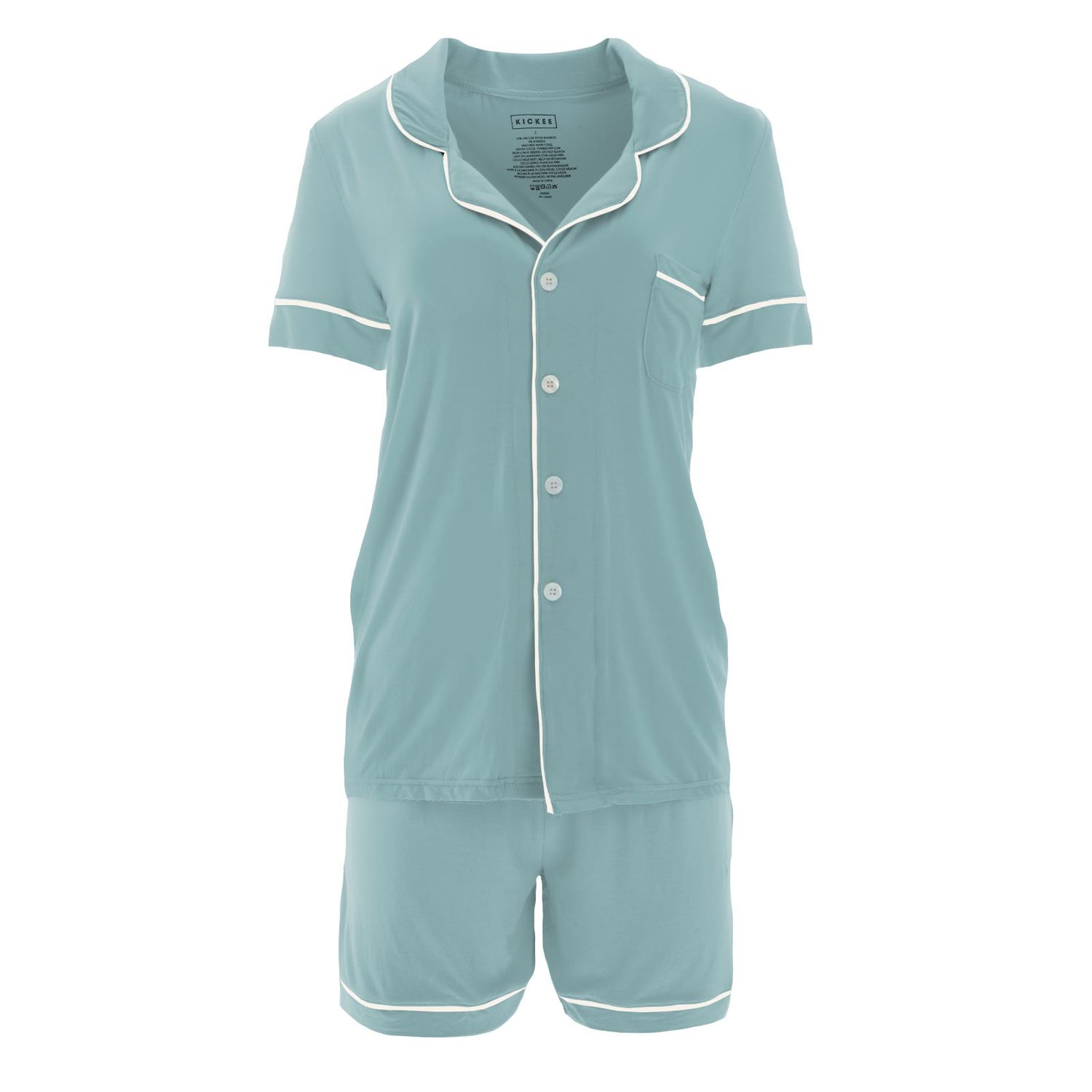 Women's Short Sleeve Collared Pajama Set with Shorts in Jade with Natural