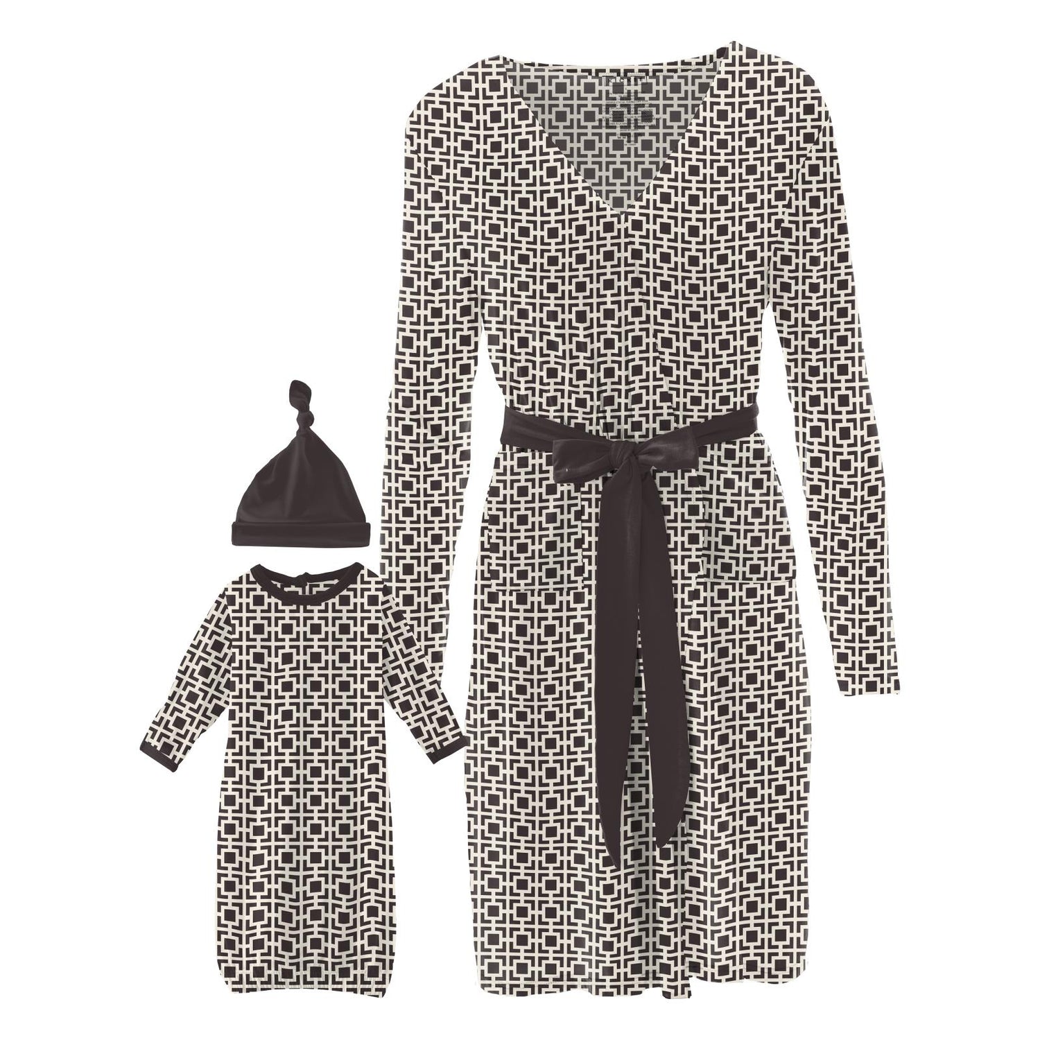 Women's Mid Length Lounge Robe & Layette Gown Set in Midnight Box Lattice