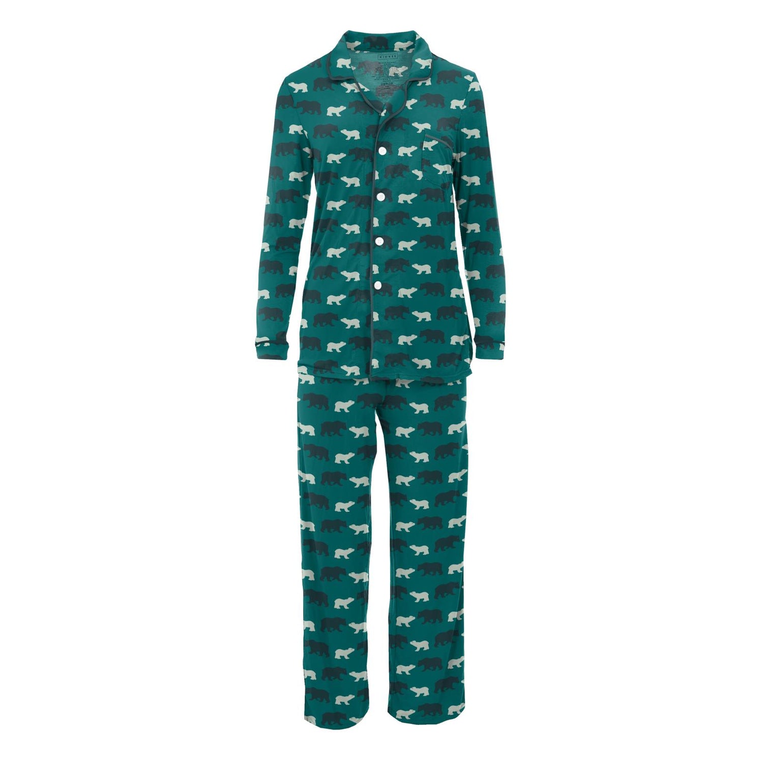 Women's Print Long Sleeve Collared Pajama Set in Cedar Brown Bear