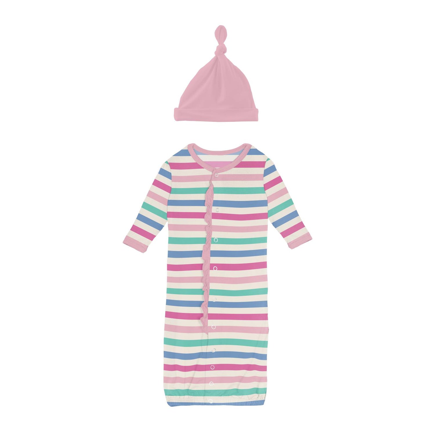Print Ruffle Layette Gown Converter & Knot Hat Set in Skip To My Lou Stripe
