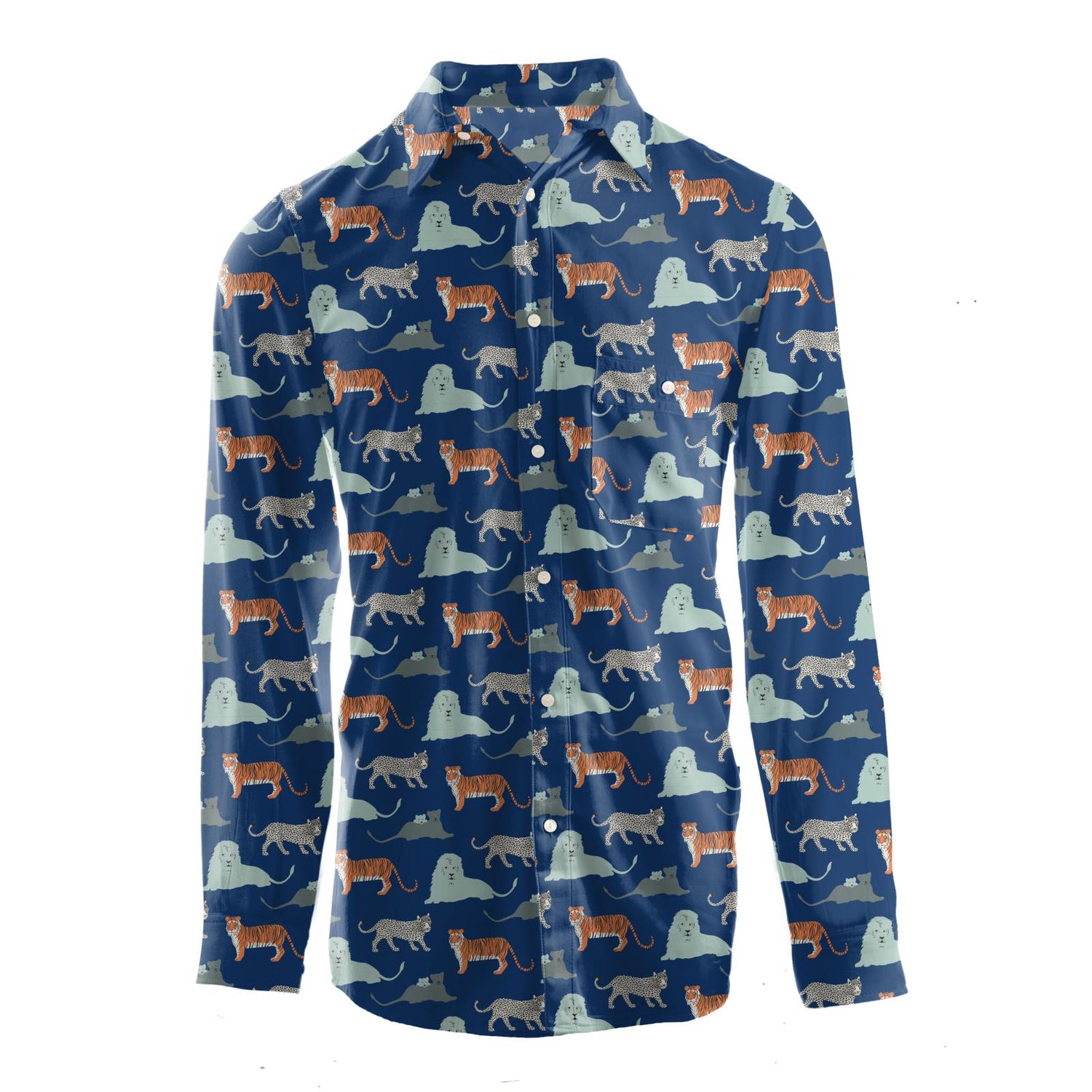 Men's Print Long Sleeve Woven Button-Down Shirt in Flag Blue Big Cats