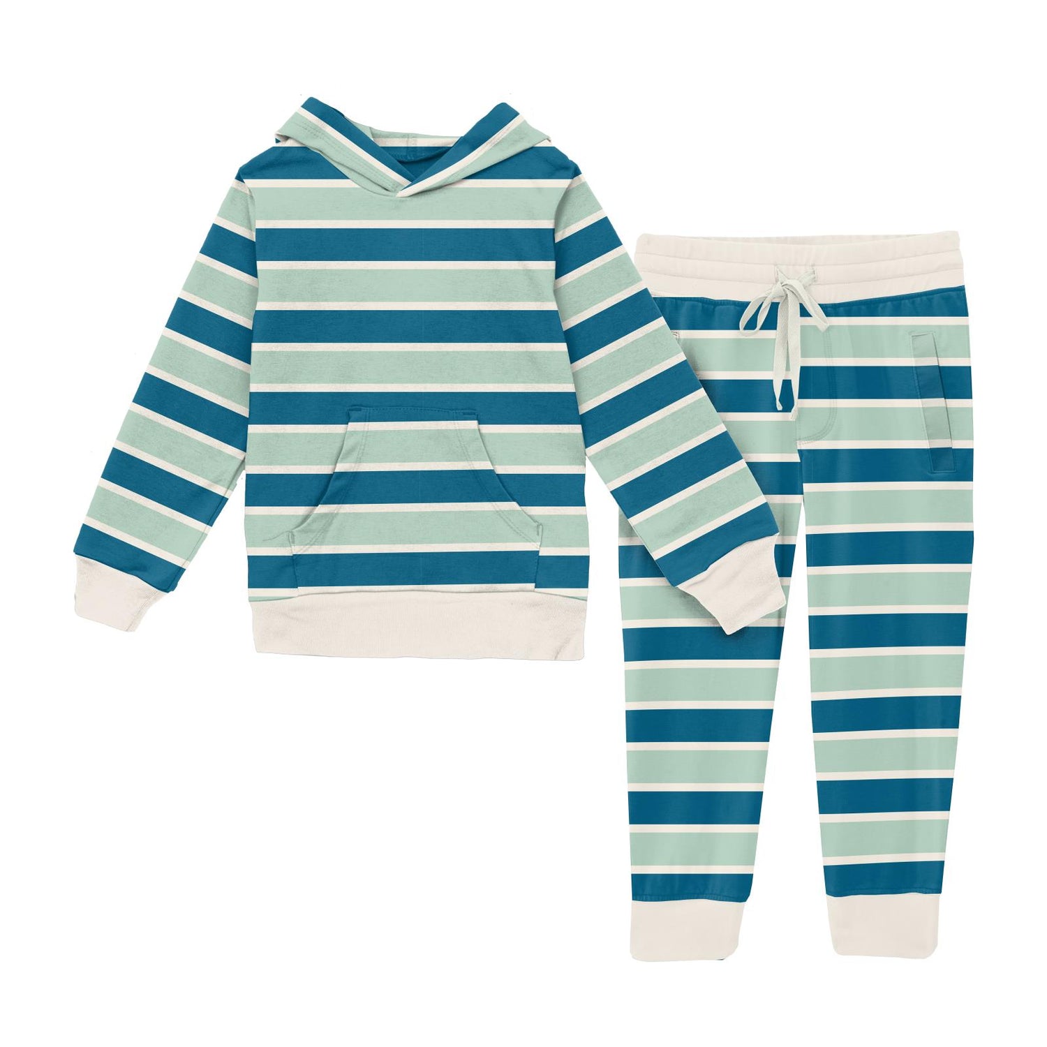 Print Luxe Kangaroo Pocket Pullover and Jogger Set in Seaside Cafe Stripe