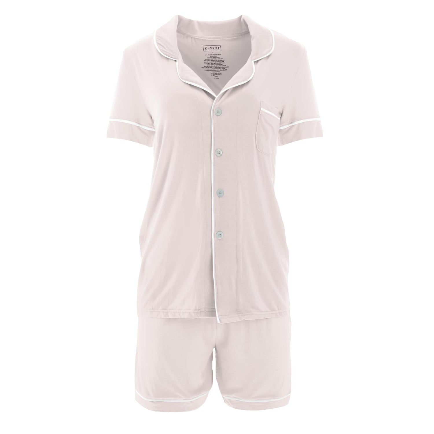 Women's Solid Short Sleeve Collared Pajama Set with Shorts in Macaroon with Natural
