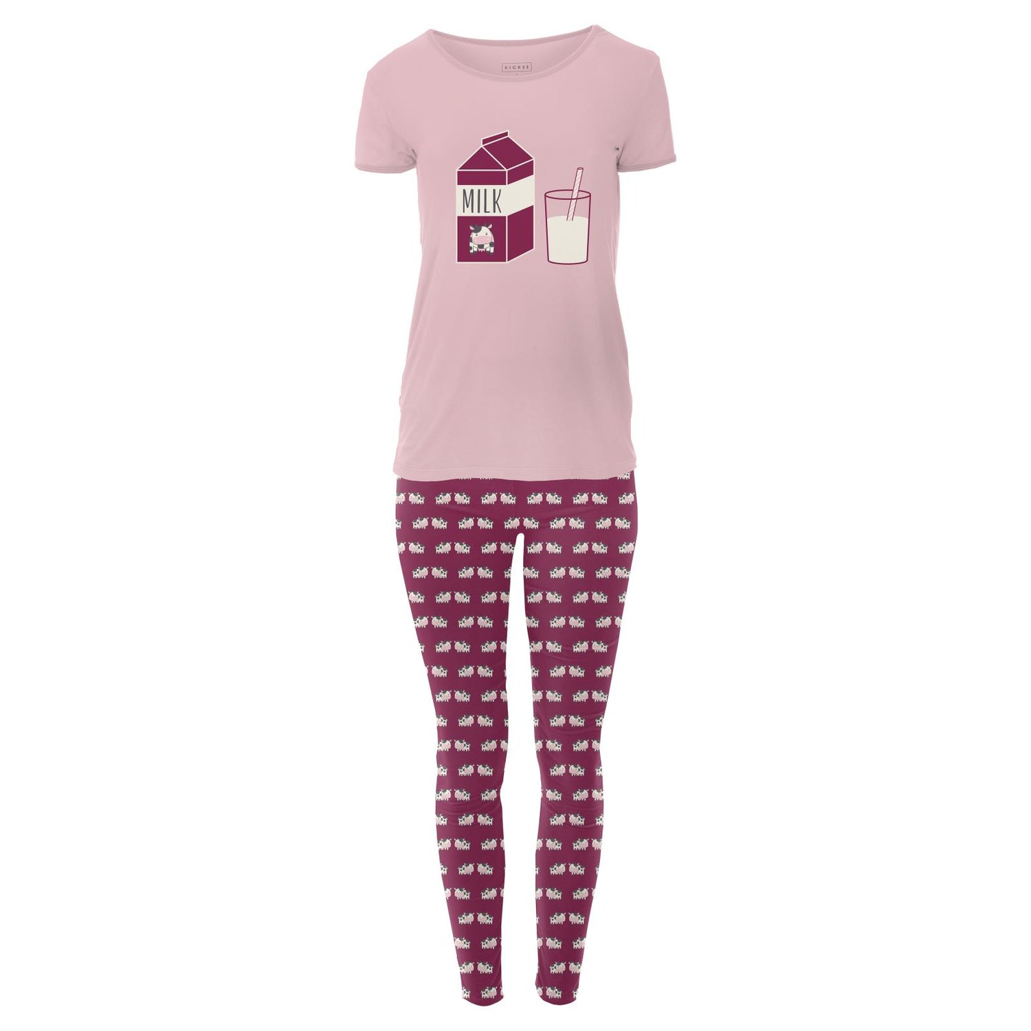 Women's Short Sleeve Graphic Tee Fitted Pajama Set in Berry Cow
