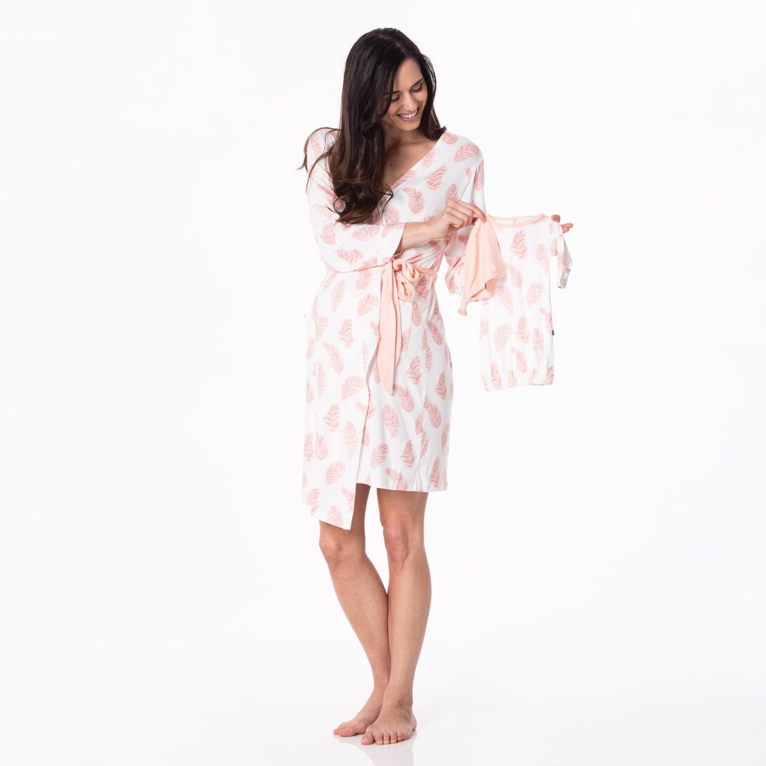 Women's Print Mid Length Lounge Robe & Layette Gown Set in Natural Feathers