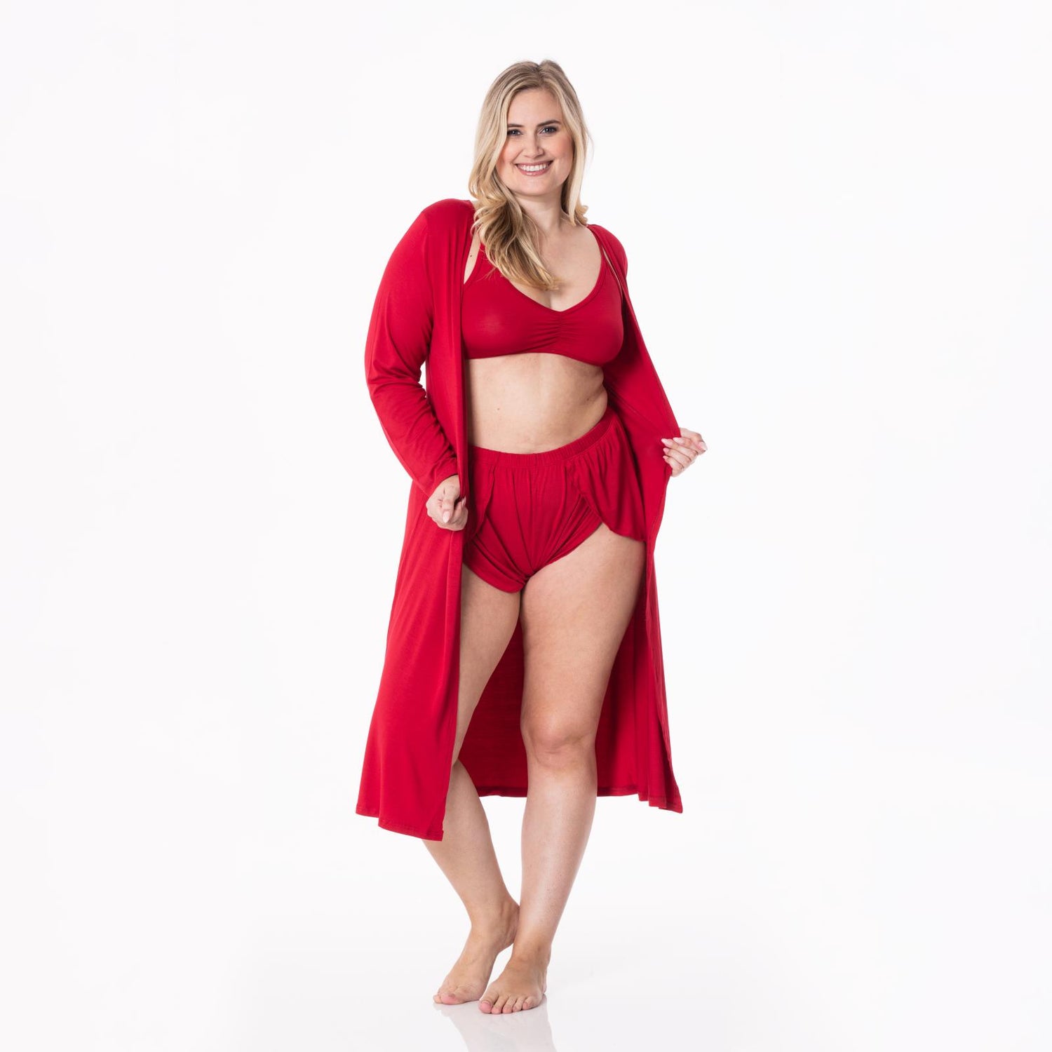 Women's Sleeping Bra, Tulip Shorts and Duster Robe Set in Candy Apple