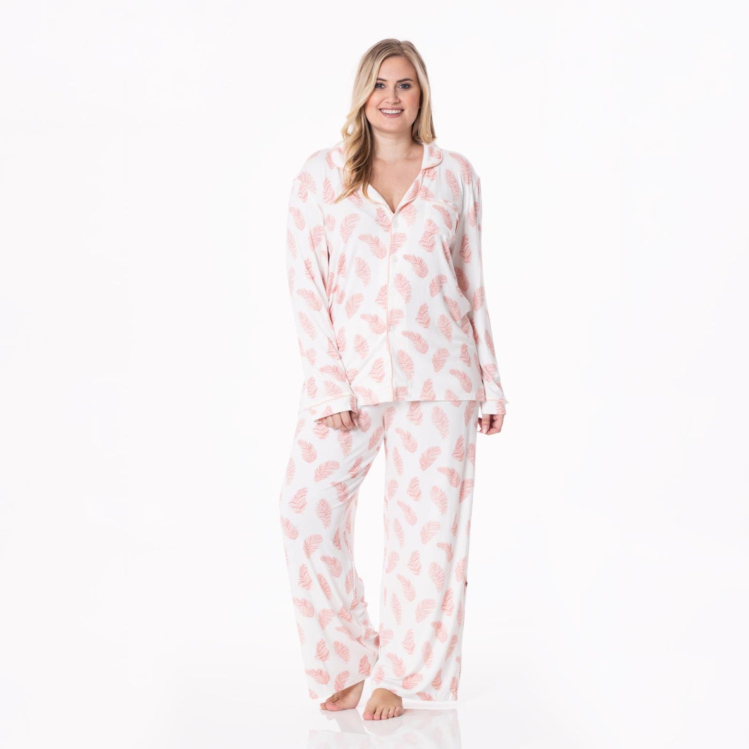 Women's Print Long Sleeve Collared Pajama Set in Natural Feathers