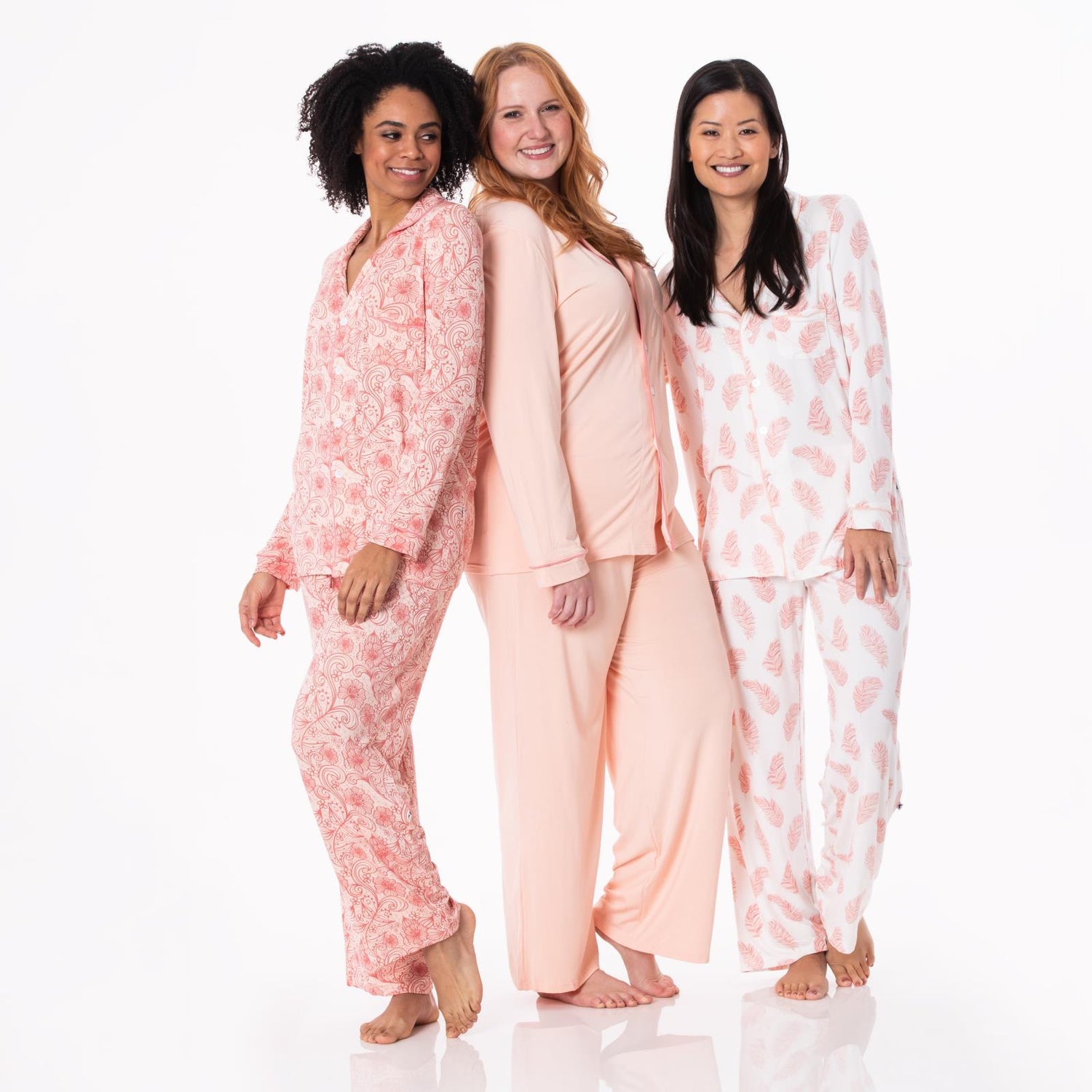Women's Print Long Sleeve Collared Pajama Set in Natural Feathers