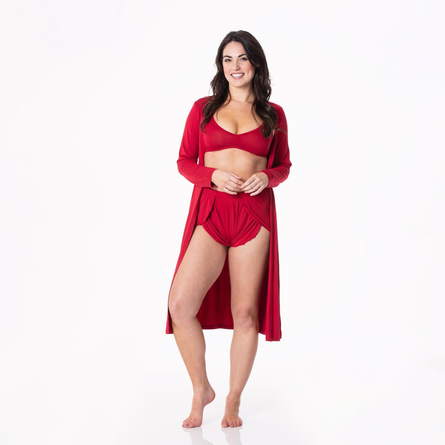 Women's Sleeping Bra, Tulip Shorts and Duster Robe Set in Candy Apple