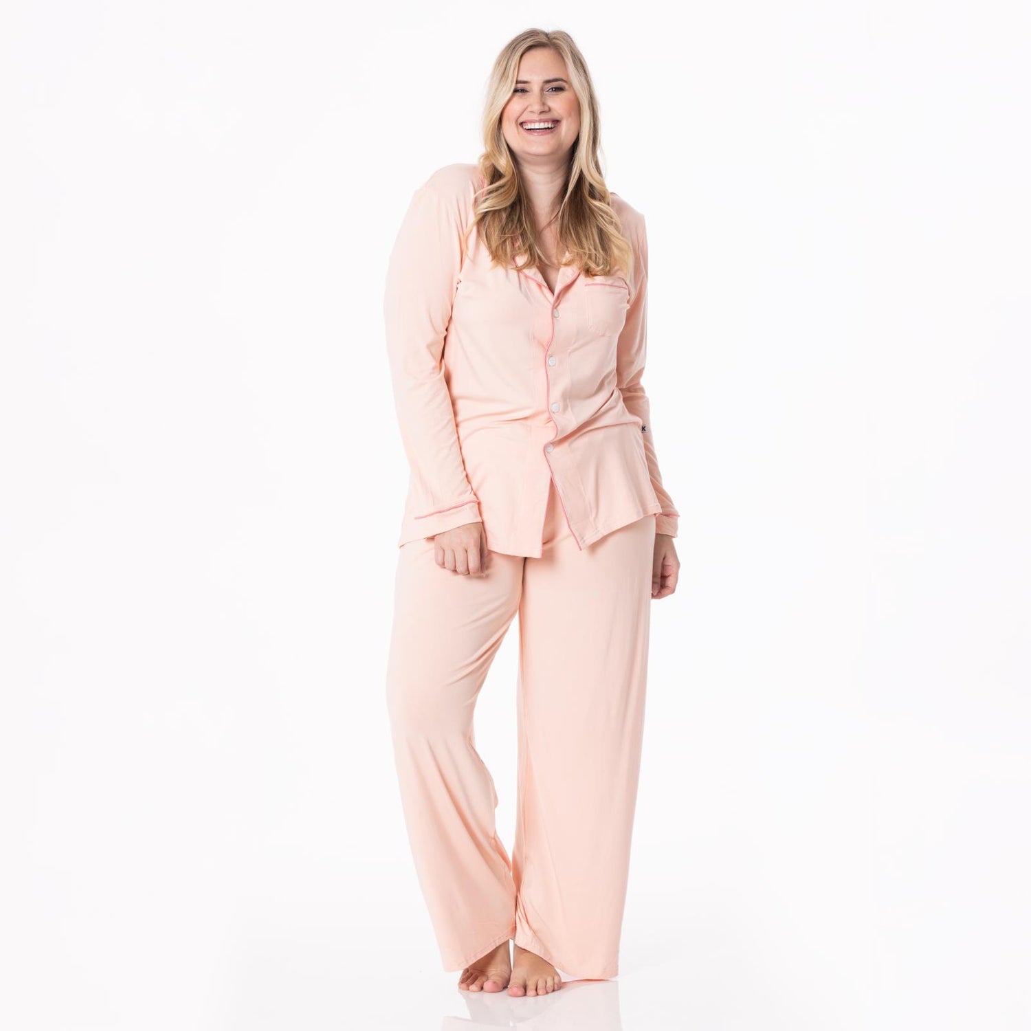 Women's Long Sleeved Collared Pajama Set in Peach Blossom with Desert Rose